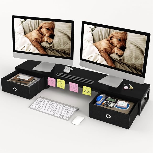 Mexin Dual Monitor Stand Riser with 2 Drawers, 39 Inch Extra Long Wood Desk Organizer, Desktop Riser for Laptop, Printer, Computer, TV, Perfect for Home Office, Black
