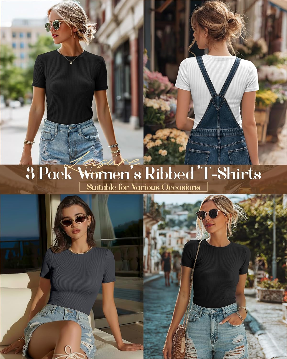 Ficerd 3 Pack Women's Ribbed T-Shirts, Cotton Short Sleeve Basic Tees Crewneck Fitted Tops Casual Shirts 2026 Summer Trendy - Image 2