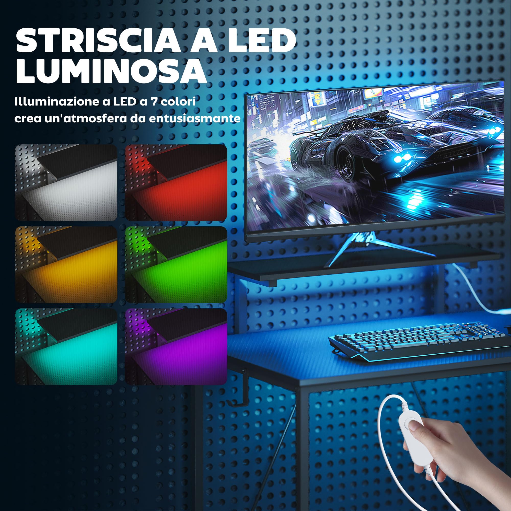 HOMCOM Scrivania Gaming Reversibile ad L con LED, Prese Elettriche, 114.5x82cm Scrivania Angolare con Supporto per Monitor e Ripiani Regolabili a Rete, Postazione Gaming per Casa Ufficio Studio, Nero