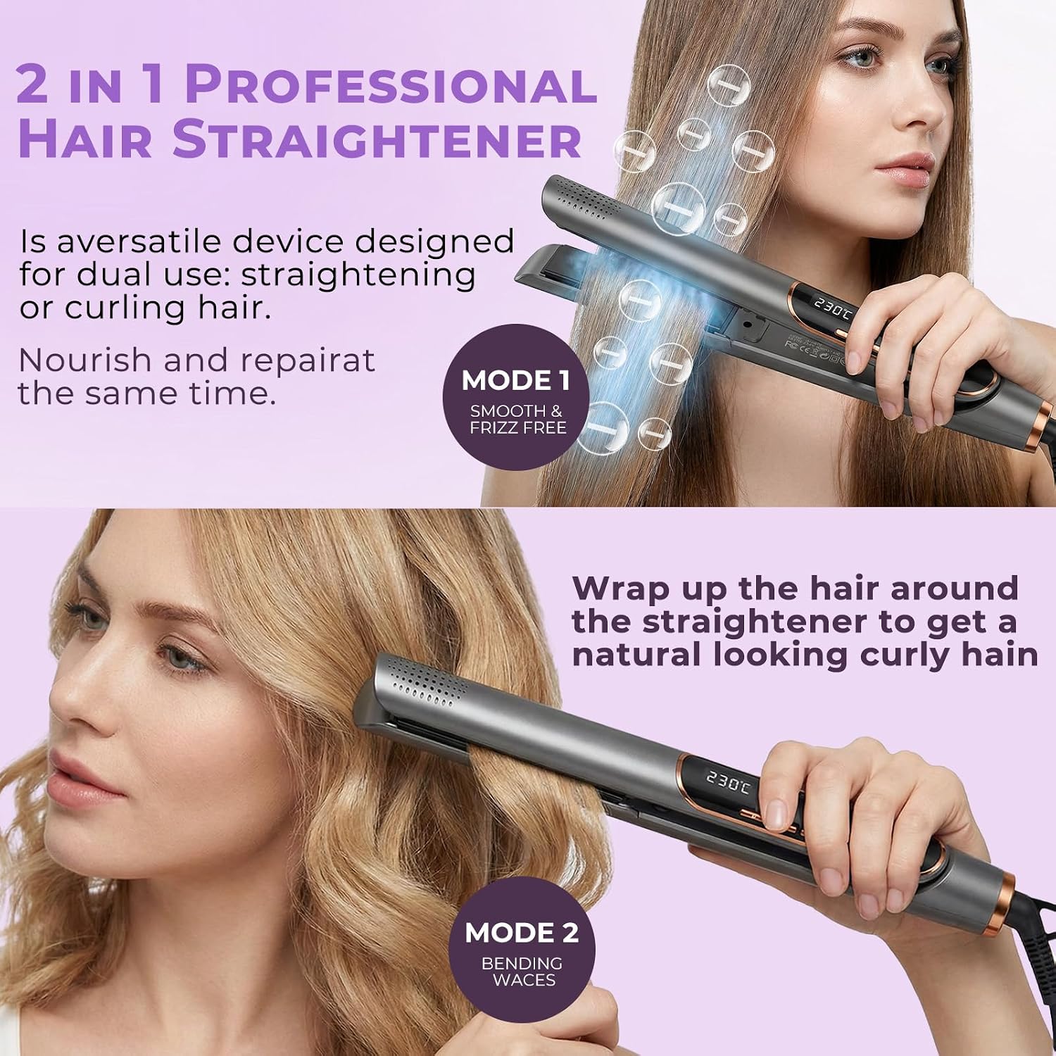 2 in 1 Hair Straightener, Hair Straightener, Hair Curler, LCD Display, 13 Temperature Settings, 212-446 °F, 30S Fast Heating, with Heat Resistant Mat, for All Hair Types image 5