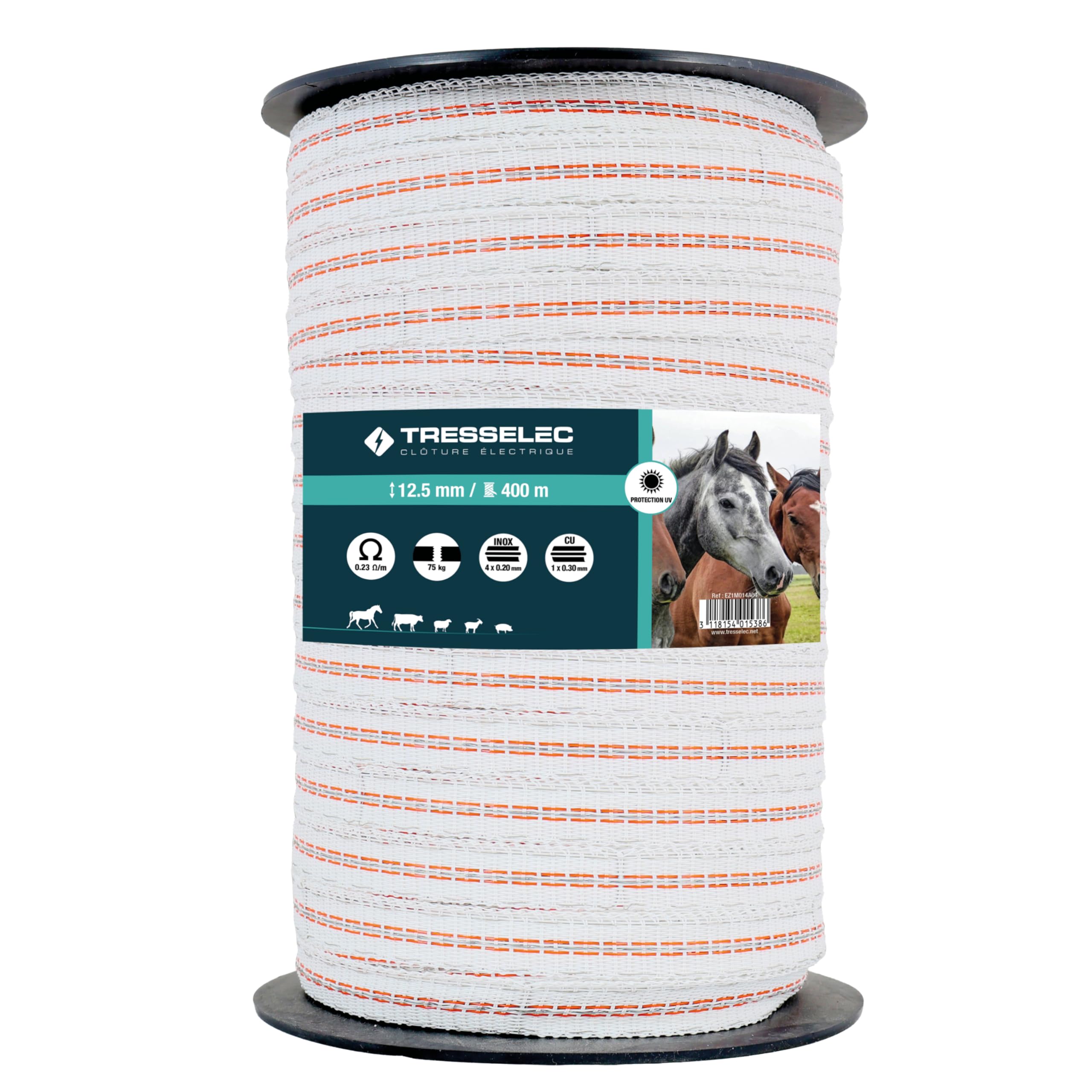 Nastro ZZ 12,5 mm - Recinzione elettrica per animali (mucca, capra, pecora, cavallo) - Bobina da 400 m - 4 fili in acciaio inox diametro 0,20 mm e 1 filo di rame diametro 0,30 mm