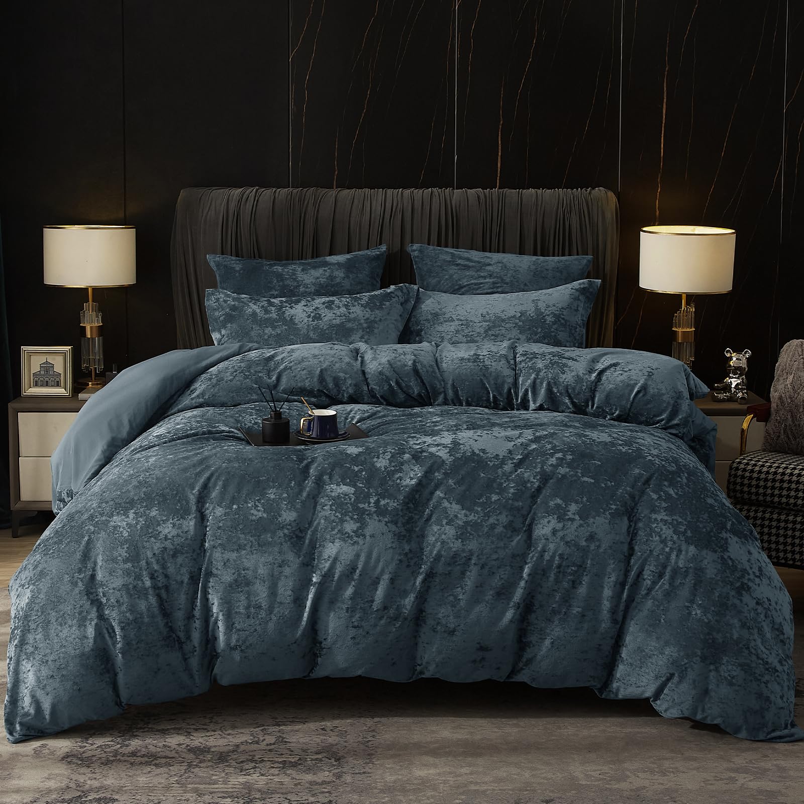 phf truly velvet duvet cover set king size, 3pcs ultra soft breathable comforter cover set, luxury cozy flannel duvet cover with pillow shams bedding collection, 104" x 90", stormy blue