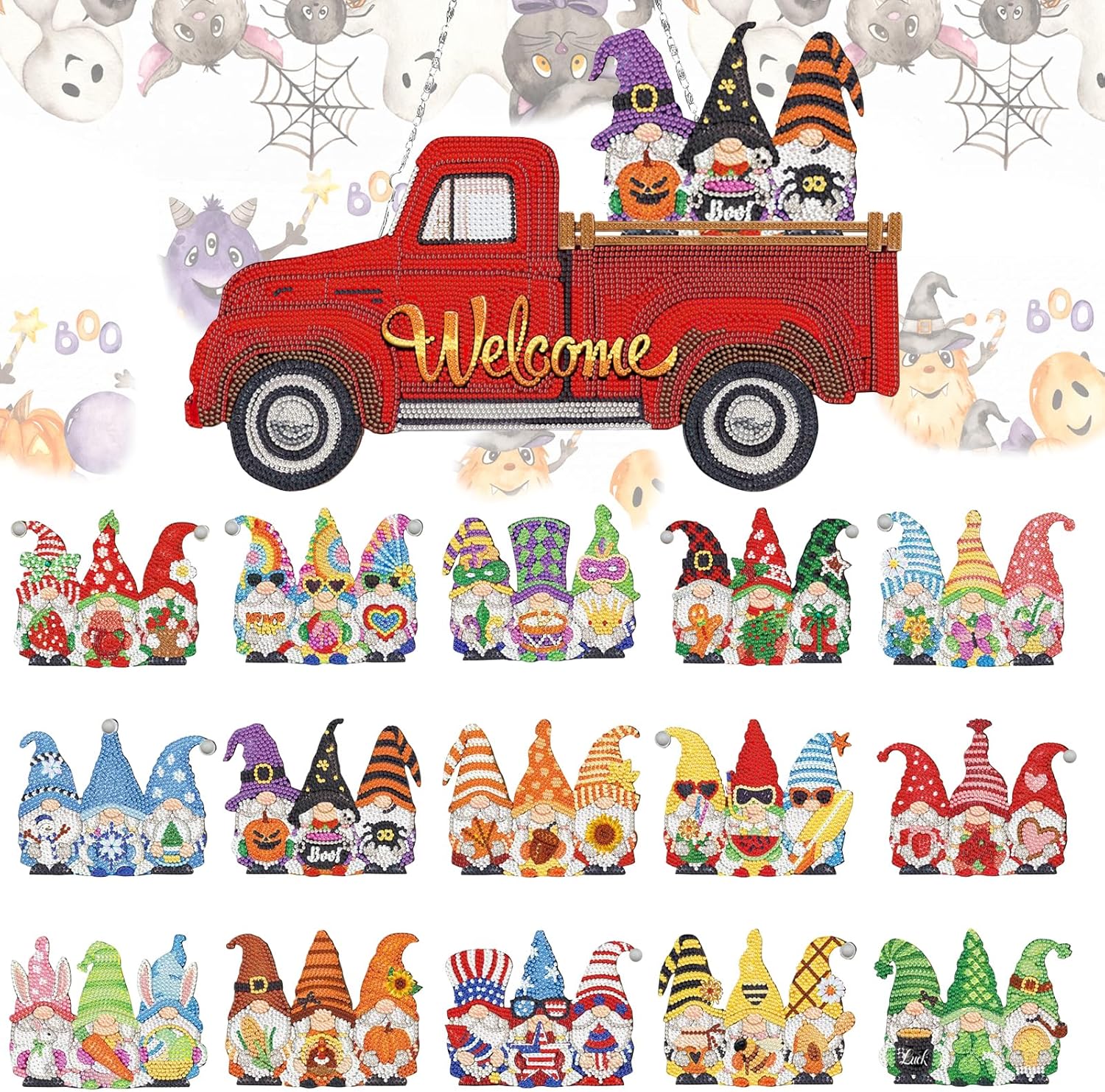 APCGSM 16PCS Interchangeable Diamond Painting Welcome Sign for Front Door Holiday Gnome Decor Red Truck Hanging Sign Diamond Art Painting Kits for Adults Interchangeable Seasonal Decor for Home Wall Gnomes-2