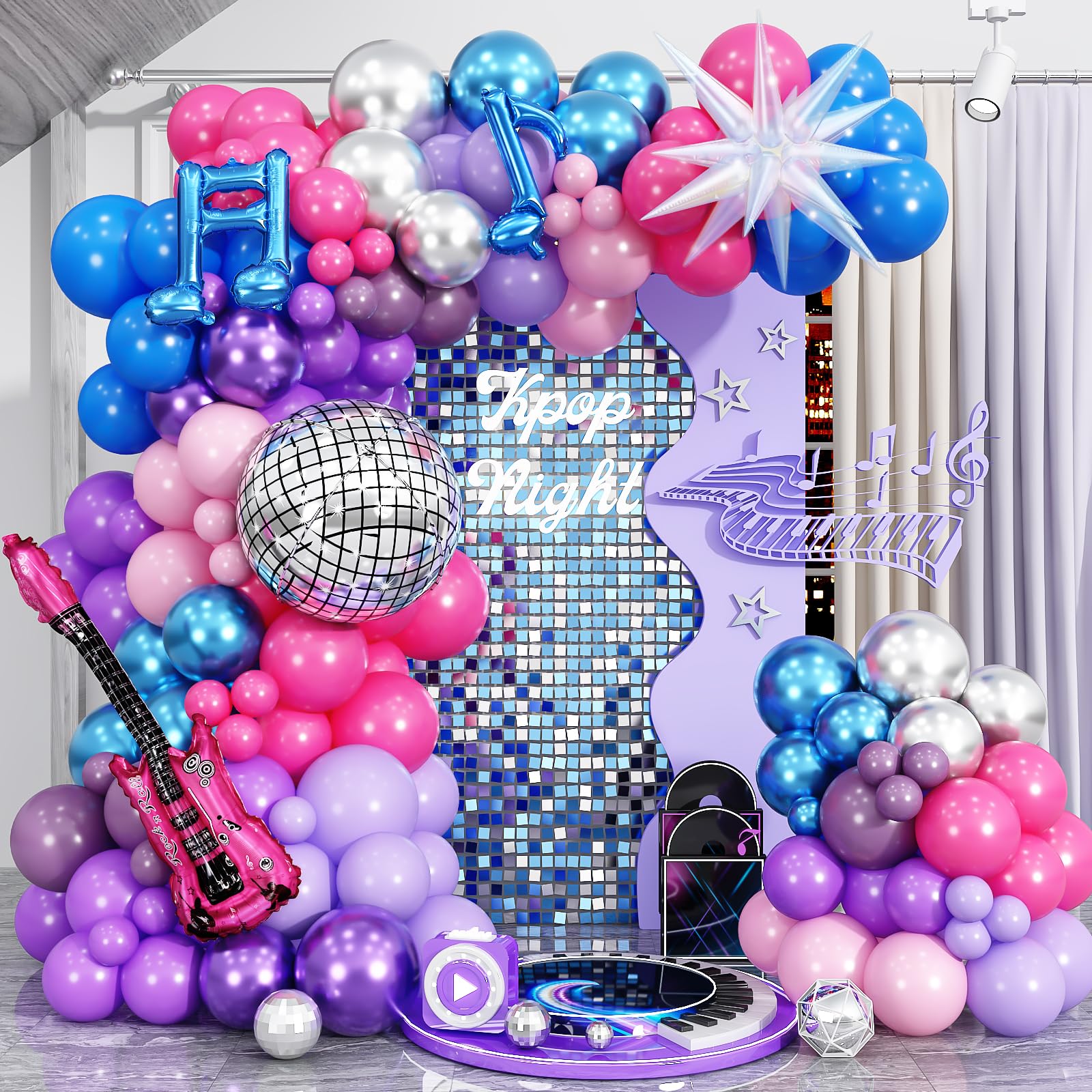 Kpop Music Balloon Garland Arch Kit, Pastel Hot Pink Metallic Blue Purple Silver Balloons Disco Ball Guitar Music Note Exploding Star Foil Balloon for Girls Music Prom Fans Birthday Party Decorations
