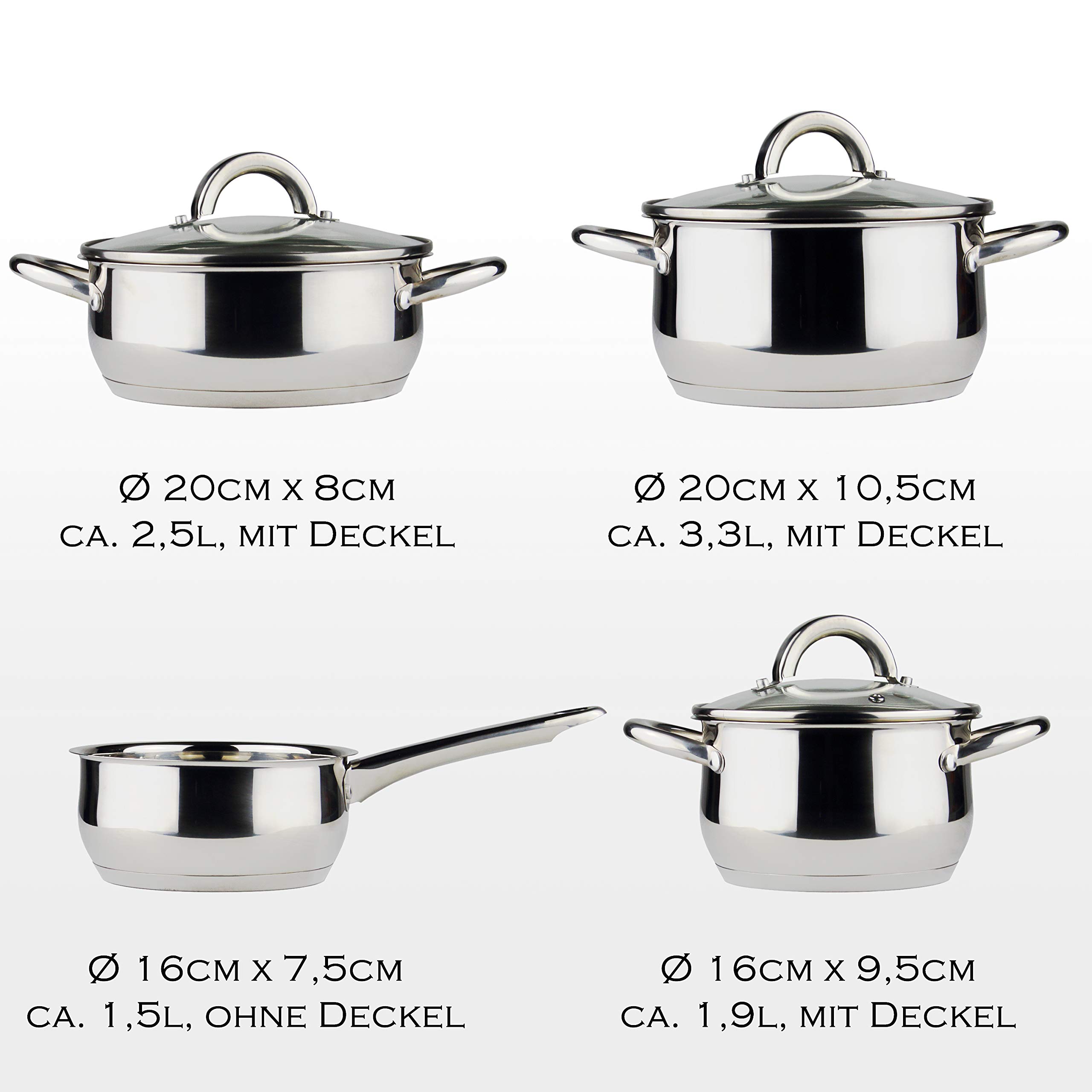 Linnuo Topfset Induktion - 4 Töpfe & 3 Glasdeckel - Kochtopf Set aus hochwertigem Edelstahl - Topf mit hohlem Griff - Nicht heiß beim Kochen - ideales Kochset für kleine Küchen (7tlg. Set)
