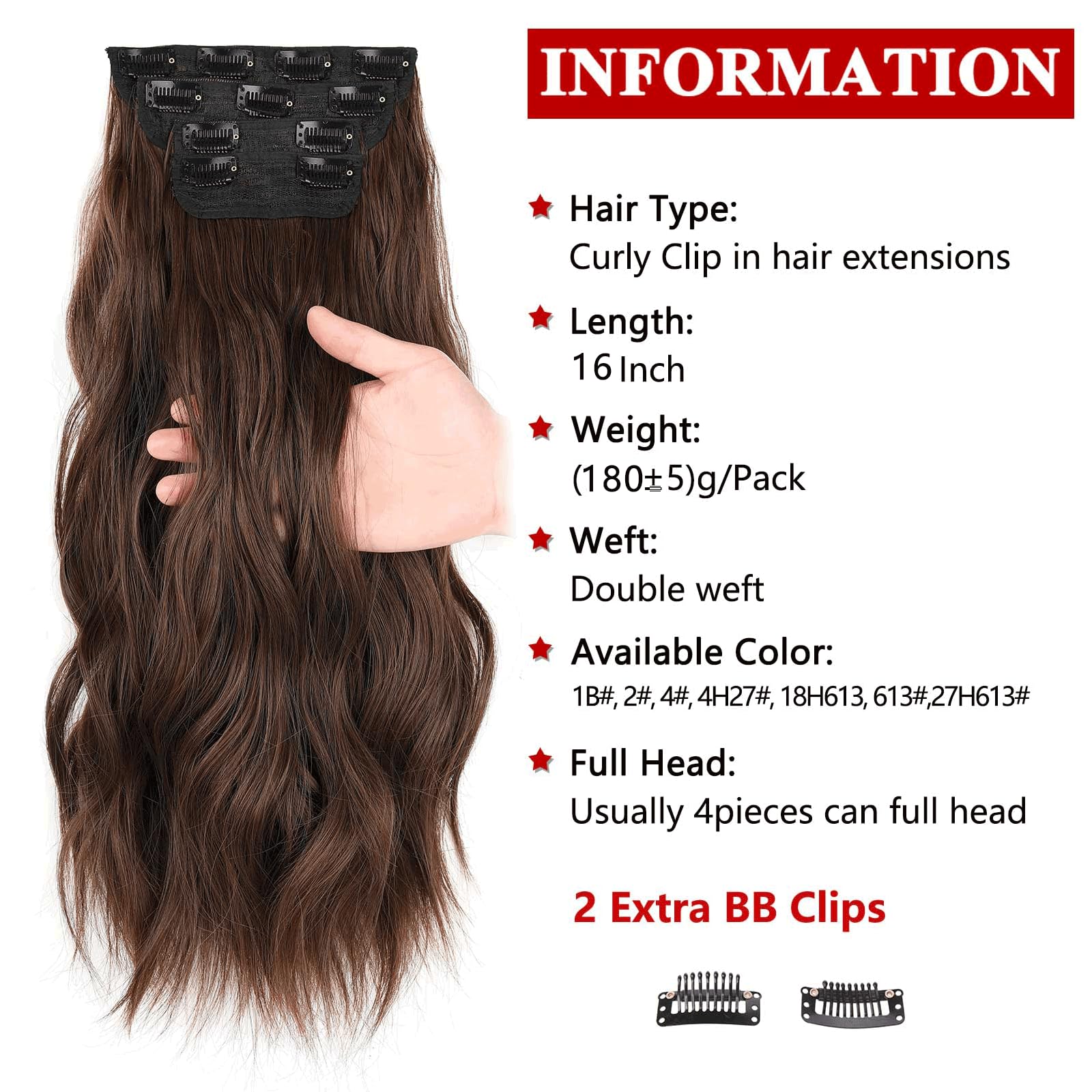 XTREND 16Inch Curly Hair Extensions Dark Brown Clip in Hair Extensions Synthetic Hair pieces for Women Girls 4PCS Full Head Set Thick Curly Wavy Synthetic Hair Extensions(9#) - Image 2