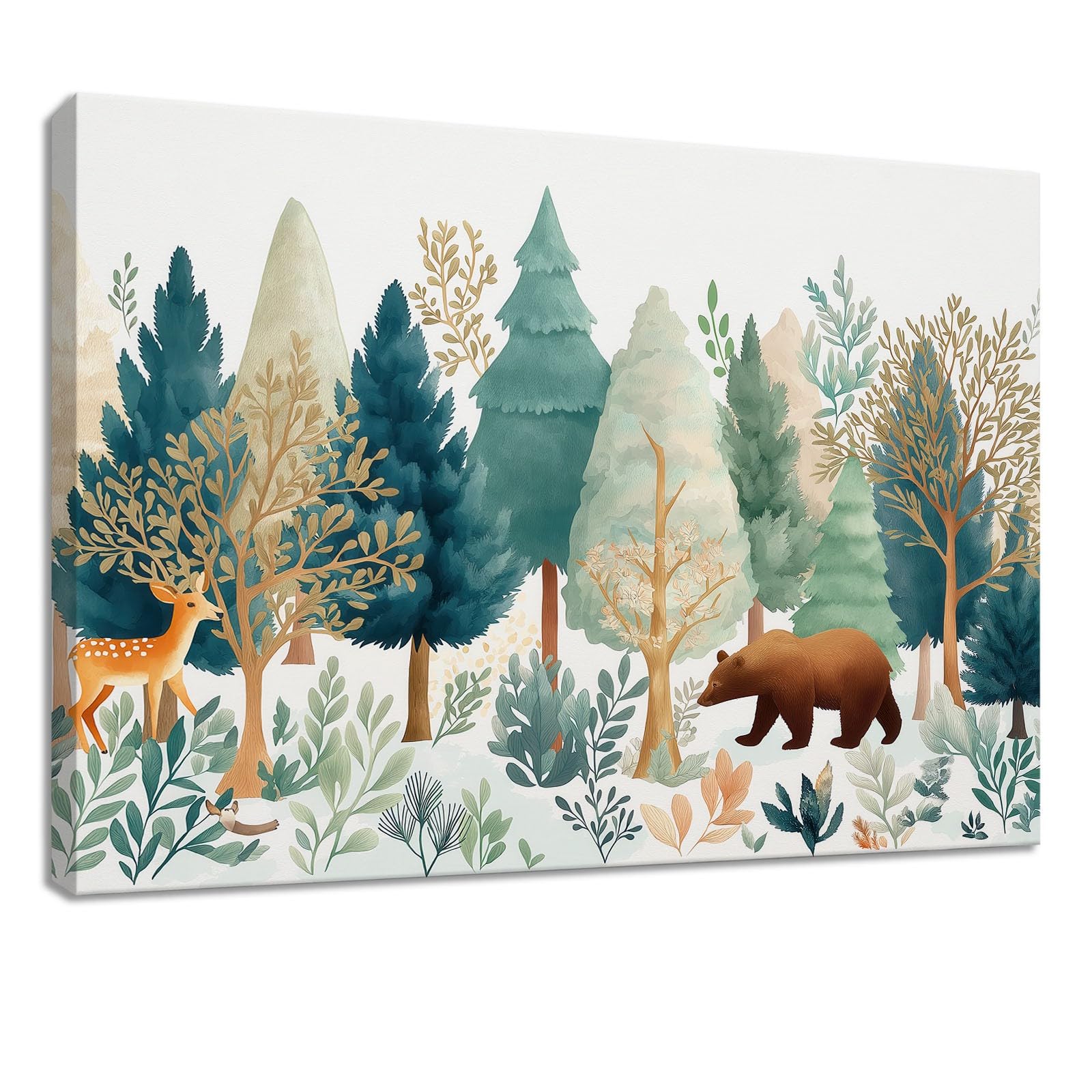 Sztuka ścienna 90 x 60 cm wydruki na płótnie kreskówka - wodoodporny plakat zielony jeleń niedźwiedź drzewa rośliny, obraz do salonu, sypialni, biura, kuchni, wystrój domu
