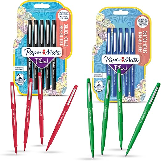 Papermate Flair Original Felt-Tip Pens Bundle Red Pack of 4, Green Pack of 4, Pack of 5 Blue Fibre-Tip Pen, Black Pack of 5 Fibre-Tip Pen, 1.0mm Medium Tip Pens for Smooth and Vibrant Writing