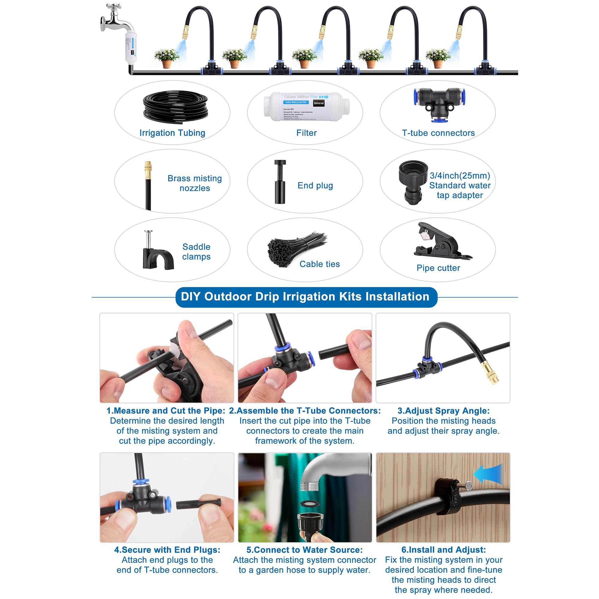 Kits de riego automático por goteo, sistema de riego de jardín, incluye filtro inhibidor de calcio y manguera de tubo de riego de 50 pies de 5/16 pulgadas y 15 boquillas de niebla