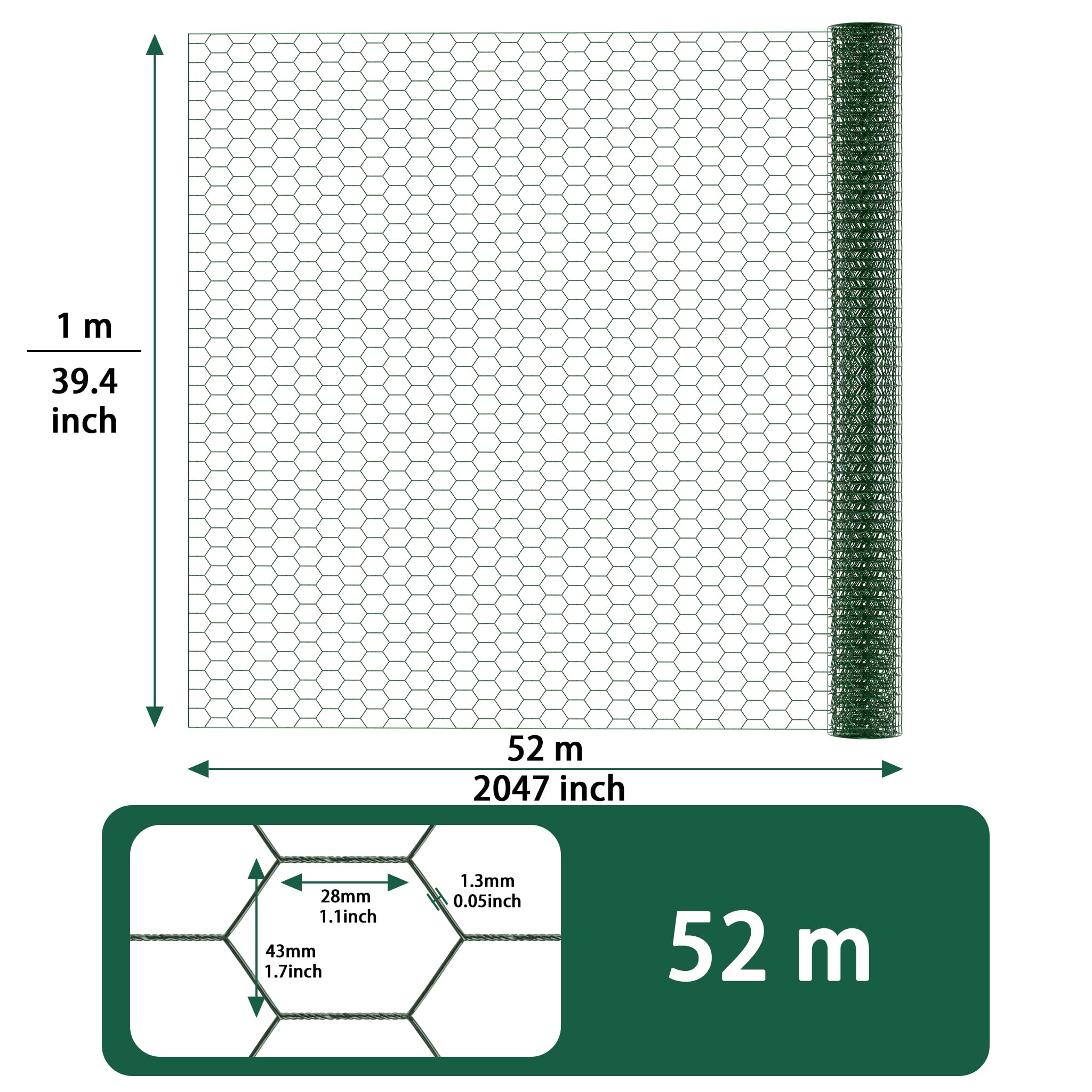 Siatka ogrodzeniowa o wysokości 1 m, ogrodzenie dla kur, rozmiar oczek 43 x 28 mm, sześciokątna, siatka druciana, drobna siatka ocynkowana, drut druciany do samodzielnego wykonania ogrodu, na