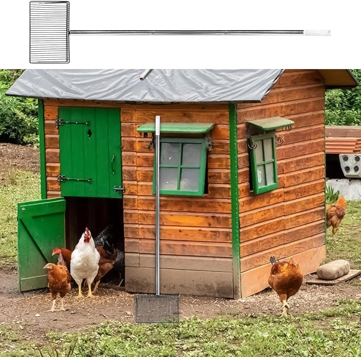 Metal Chicken Poop Scooper with 54" Detachable Long Handle, 9.8" Wide Chicken Coop Scoop Cleaning Tool, Multifunctional Litter Sifting Shovel Chicken Coop Accessories