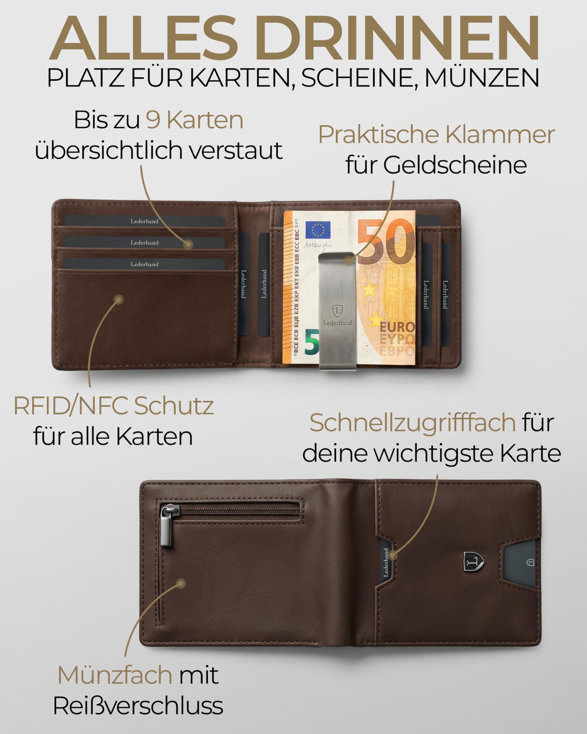 LEDERHAND iSlim - Nappa Leder Geldbeutel mit Geldklammer OHNE Münzfach, 9 Kartenfach Premium Geldbörse RFID NFC - Schutz Slim - Wallet Echtleder Geschenk |(Schwarz/Schwarz)