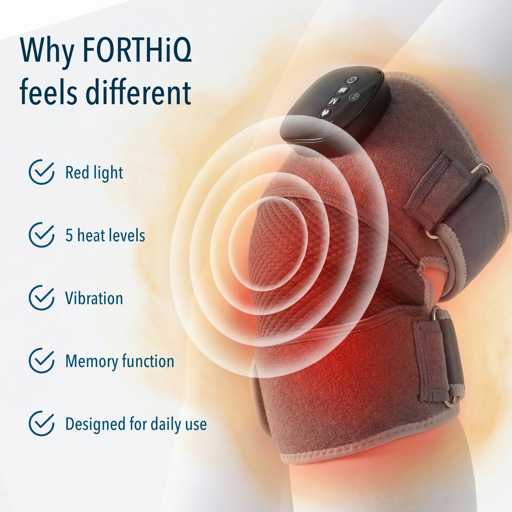 FORTHiQ RED+ Masażer Kolana z Czerwonym Światłem i Wibracjami – 52 diody LED (660 nm i 850 nm), 4 częstotliwości czerwonego światła, 5 poziomów intensywności, funkcja pamięci