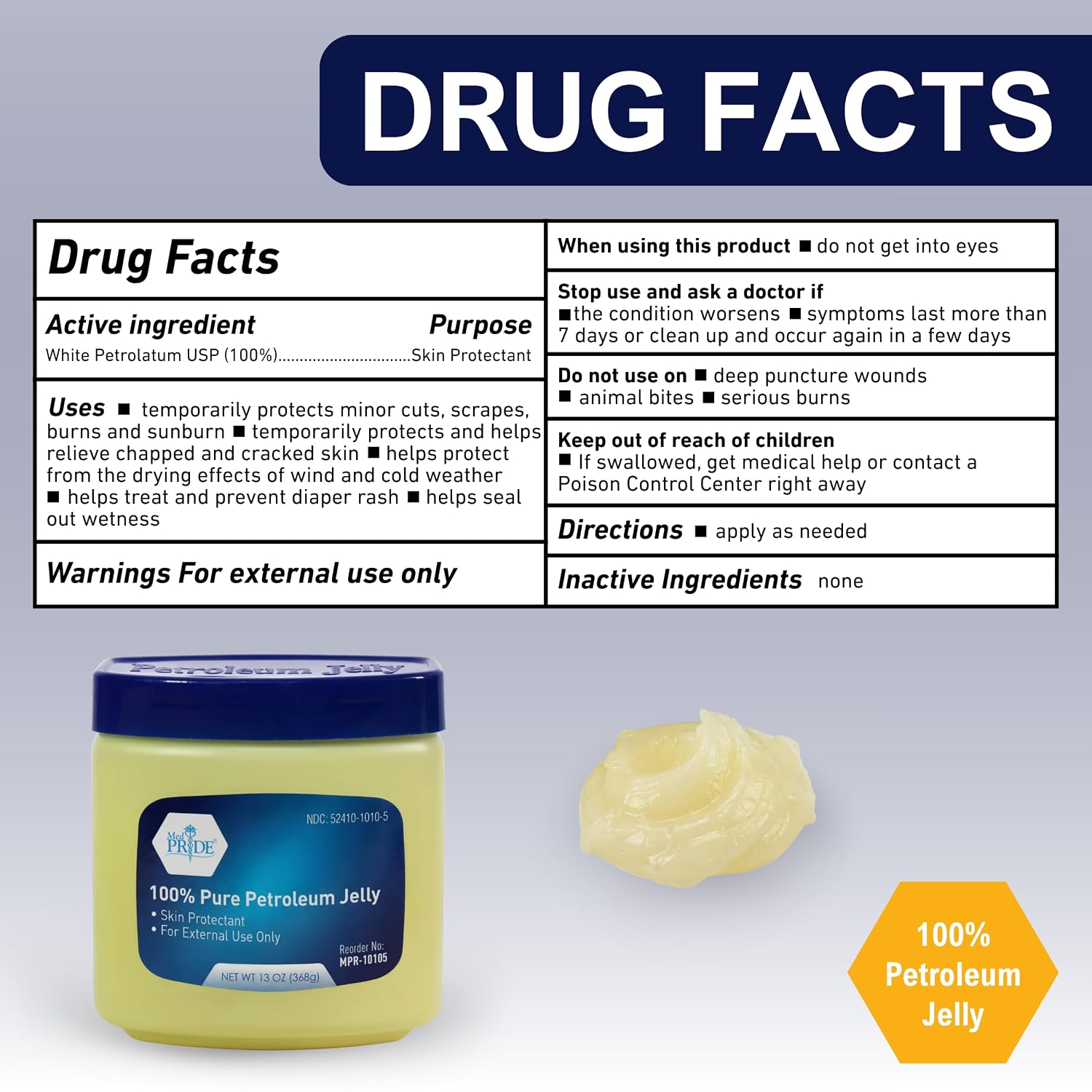 MED PRIDE 100% Pure White Petroleum Jelly, 13 oz – Skin Protectant & Moisturizing Ointment for Dry Skin, Cracked Hands, Chapped Lips, Minor Cuts, Burns & Diaper Rash – Fragrance Free & Hypoallergenic
