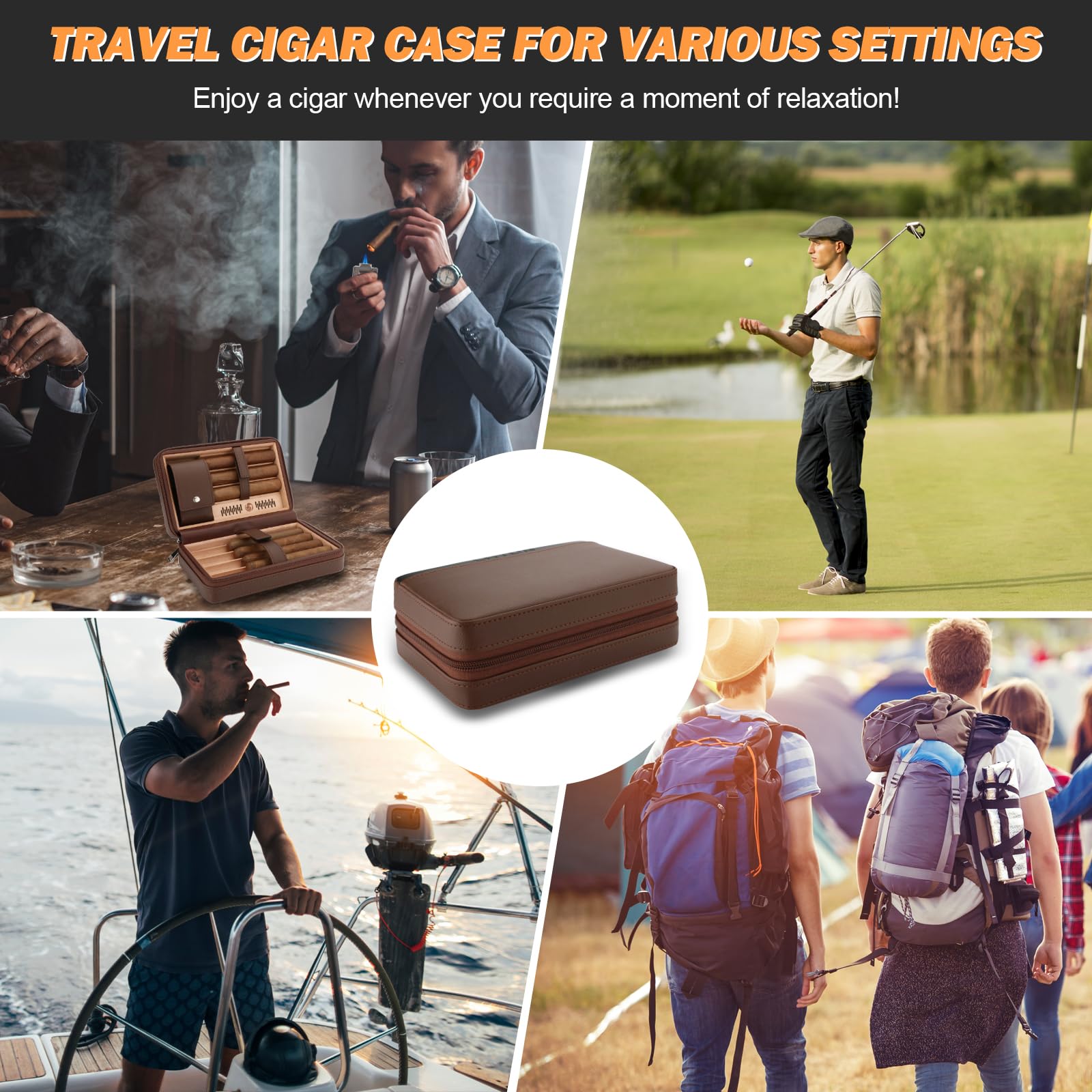 LIHTUN Zigarren-Humidor, Leder-Reise-Zedernhumidor mit 5-in-1-Multifunktions-Zigarrenfeuerzeug-Set, tragbarer Reise-Humidor und Feuchtigkeitsmesser