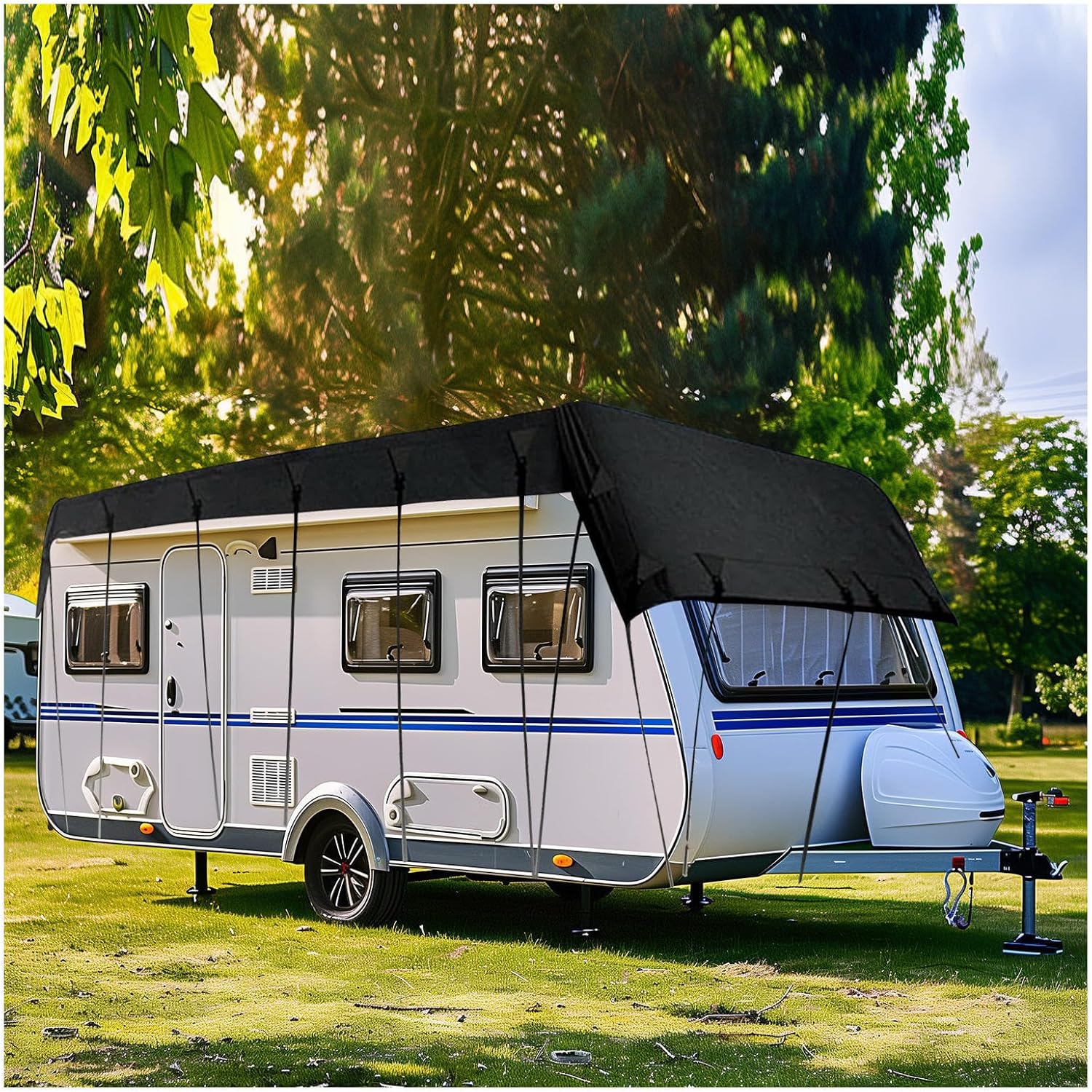 Trailer Cover 210D Oxford Cloth Rv Covers for Roof Only Wind, Rain and Snow Proof Camper Accessories for Travel Trailers Rv Covers,Black-21.3 * 9.8ft