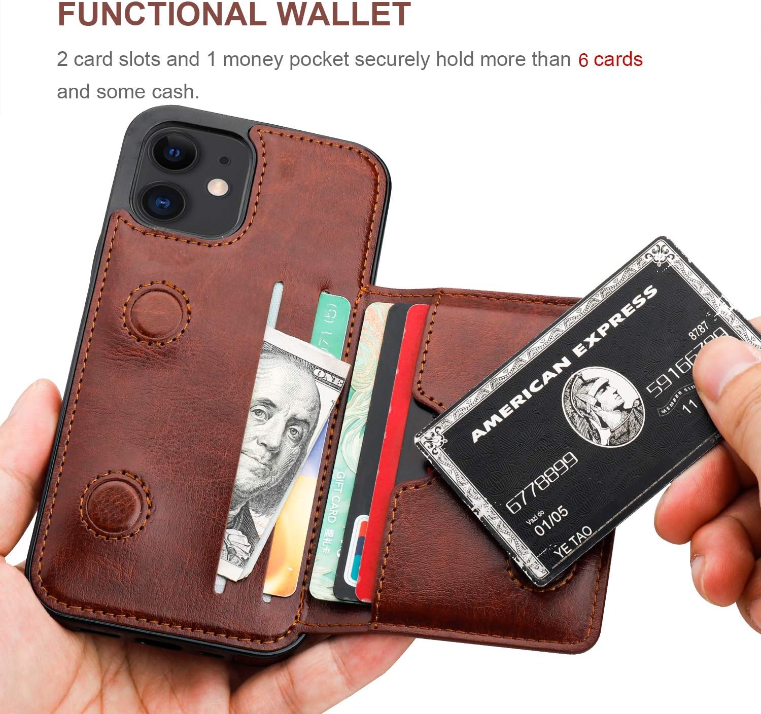 KIHUWEY Compatible with iPhone 12 Compatible with iPhone 12 Pro Wallet Case Credit Card Holder, Premium Leather Kickstand Durable Shockproof Protective Cover 6.1 inch(Brown)