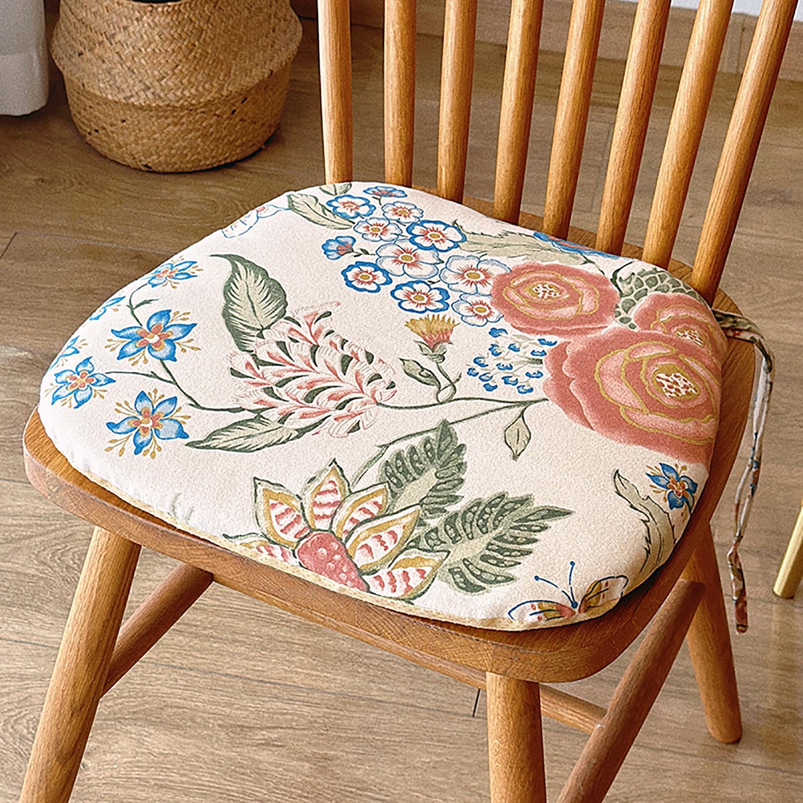 Fslvmin U Shaped Chair Pad, Garden Plants Flowers Seat Cushion Breathable Chair Cushion Cotton Linen Seat Cushion with Ties for Kitchen Dining Room Patio Indoor (1 Pack(16x14inch), B)