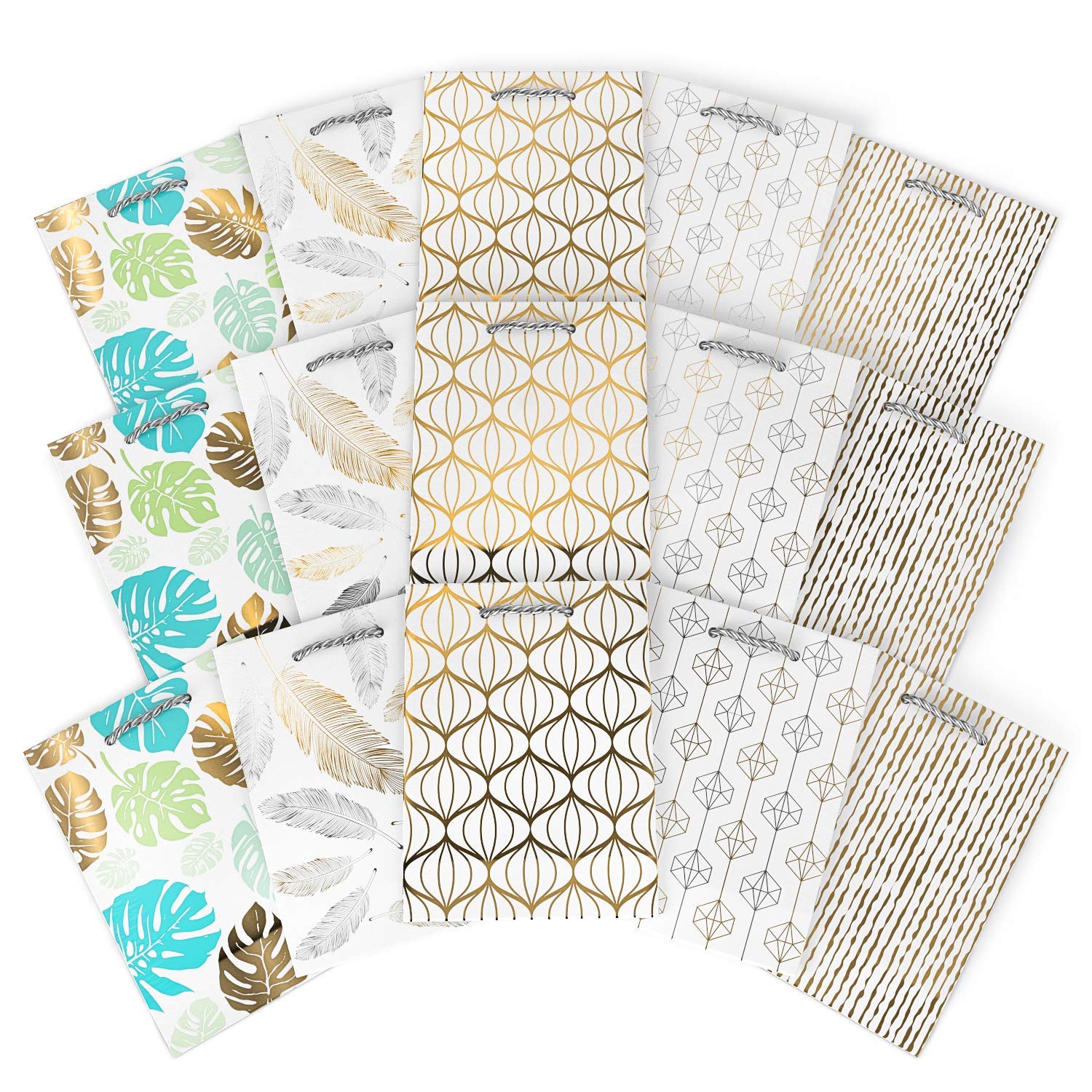 Arteza Borsa Regalo Carta, (24 x 17.8 x 8.6 cm), Set da 15 Sacchetti (5 Diversi Designs su Sfondo Bianco, 3 Pz per Ogni Tipo), Perfette per Ogni Occasione Regalo, Laurea e Diploma, Feste di Compleanno