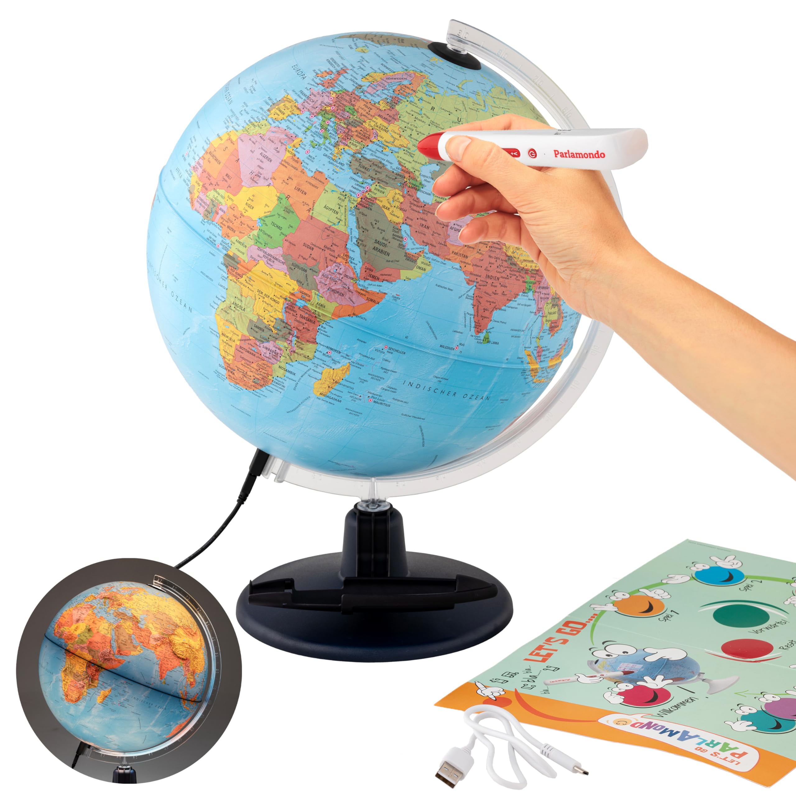 ORBIT Leucht-Globus 16 Cm - Schülerglobus Mit LED Beleuchtung | Aktuelles Kartenbild 2025 Auf Deutsch