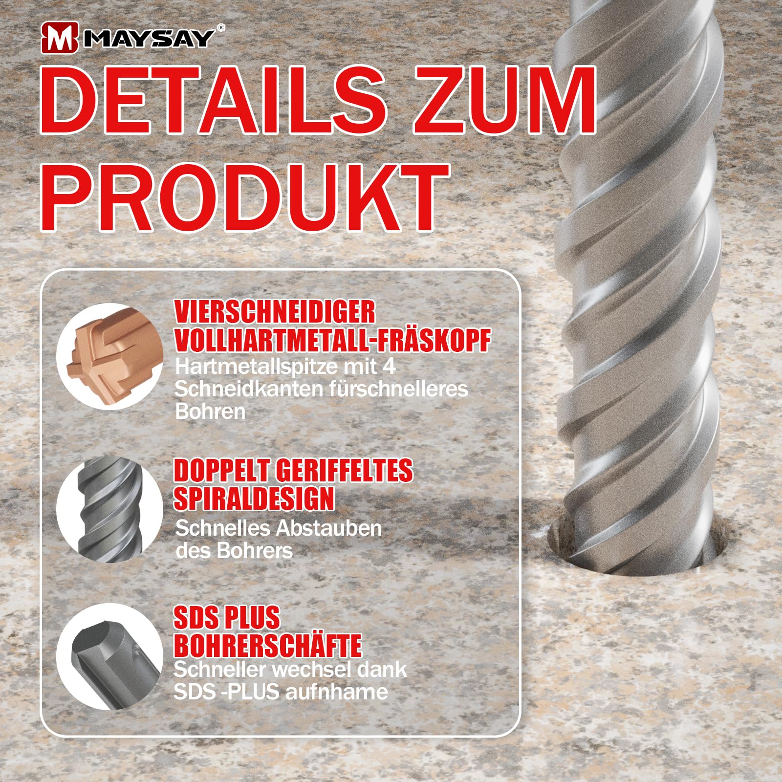 Maysay SDS Plus - Broca para martillo perforador (35 x 600 mm, con 4 cuchillas de metal duro), para piedra, hormigón, madera, ladrillo y azulejos