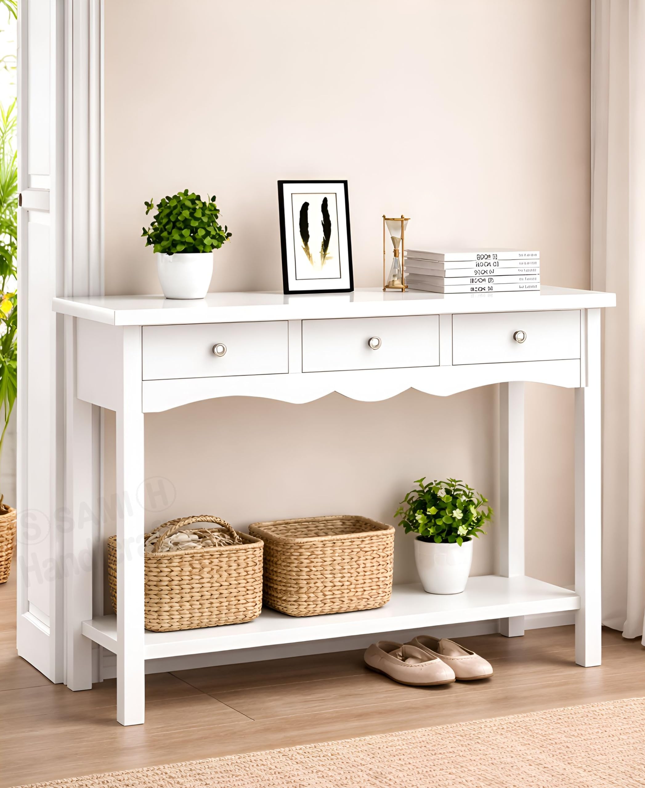 modern console table with drawers,crystal knobs, elegant scalloped design, entryway console table with drawers, wood entryway sofa table. (white- french console)