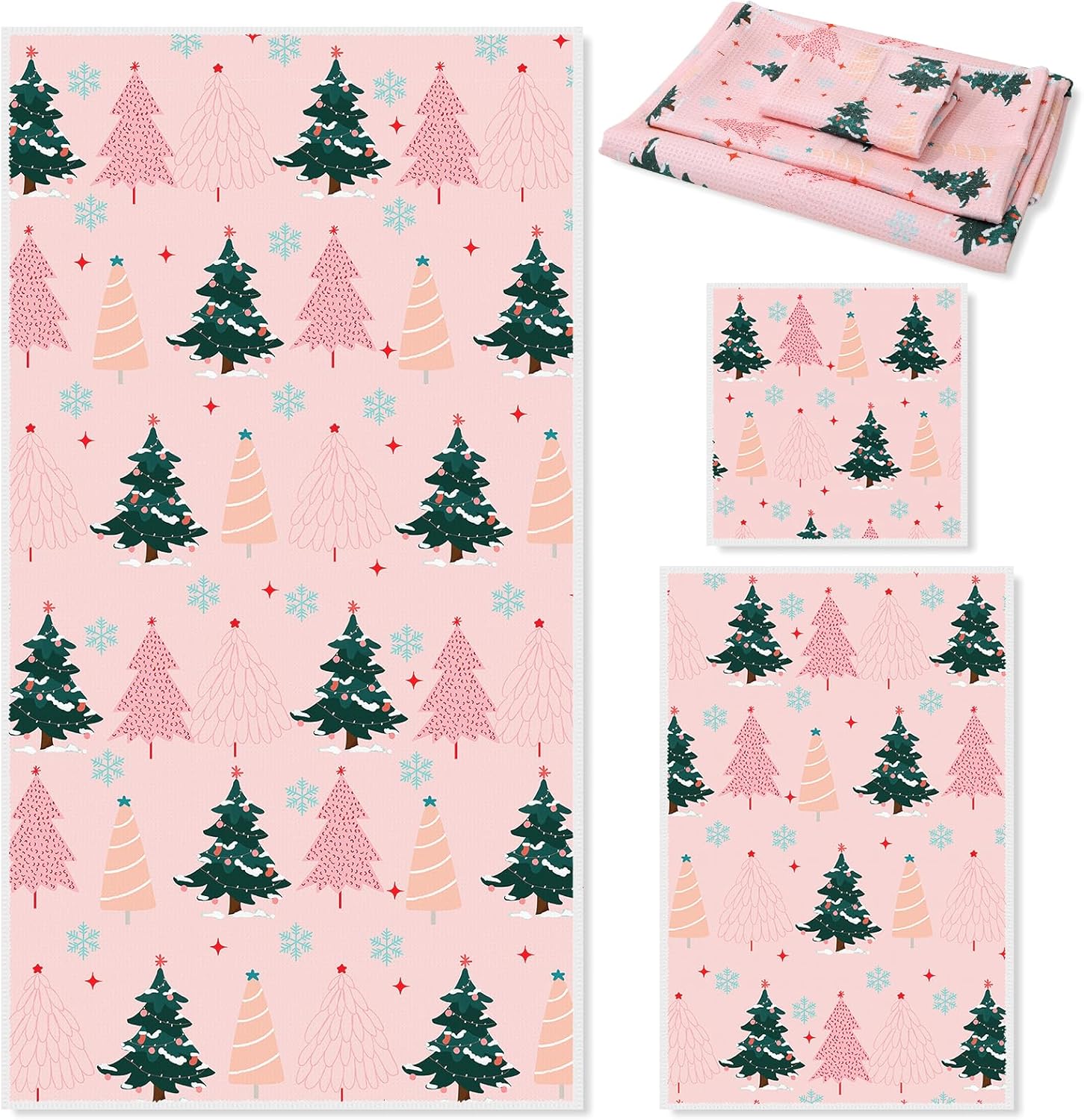 JarThenaAMCS Christmas Bathroom Towels Set of 3 Pink Green Xmas Tree Absorbent Bath Hand Towel Pine Tree Waffle Wash Cloth for Winter Holiday Guest Shower Swim Housewarming
