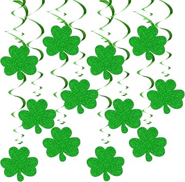 12 Pcs St Patricks Day Hanging Decorations | Green Foil Swirls with Glitter Shamrock Cutouts | Lucky Irish Party Decor for Ceilings, Mantels & Doorways | Festive St Paddy s Day Supplies for Home, Bar