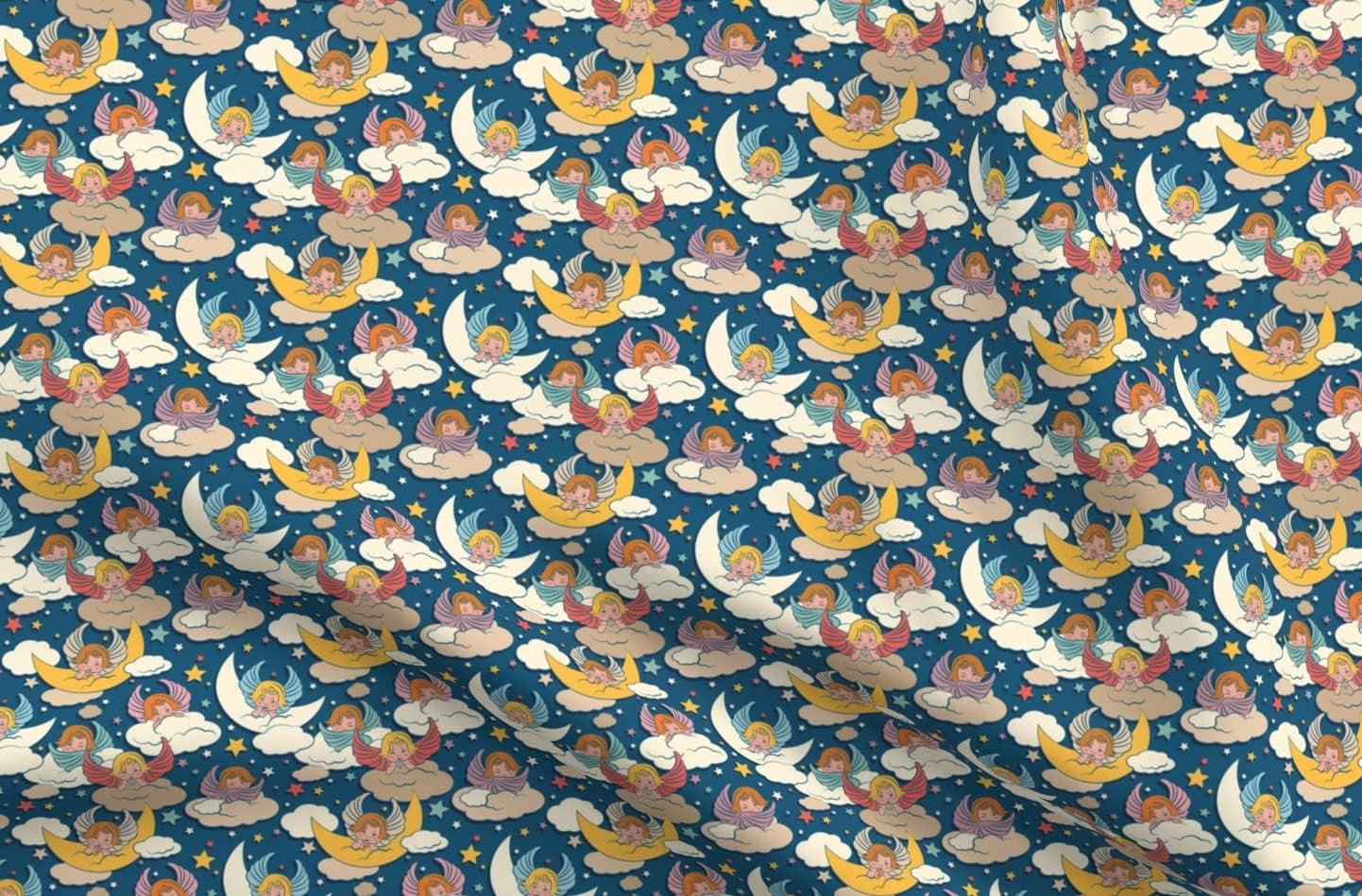 Spoonflower Fabric - Angels Collection Angel Cloud Star Moon Vintage Kitsch Printed on Upholstery Velvet Fabric Fat Quarter - Upholstery Home Decor Bottomweight Apparel
