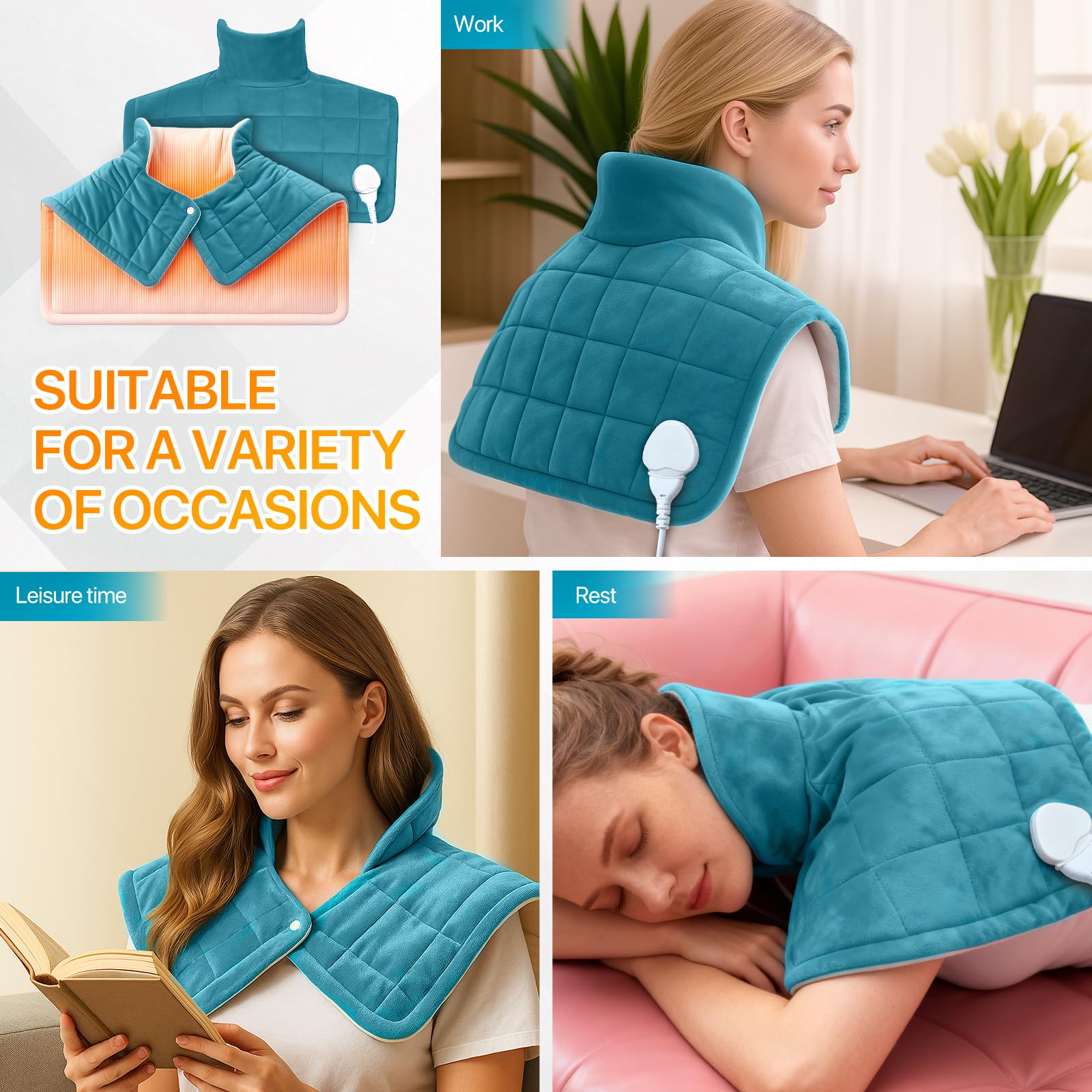 RoserRose 1,2 kg Manta Electrica Cuello y Cervicales, Almohadilla Eléctrica Cervical con 10 Livelli di Calore, 3 Timer, Spegnimento Automatico, Contorno de cuello calefactor ideal per Donne (Azul)