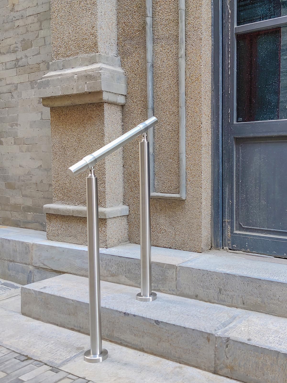 2-stufiger Handlauf für den Außenbereich, DIY 304 Edelstahl, Übergangs-Handläufe mit Installationsset, silbernes Veranda-Treppengeländer für Beton, Ziegel oder Holzstufen, 66 x 91,4 cm