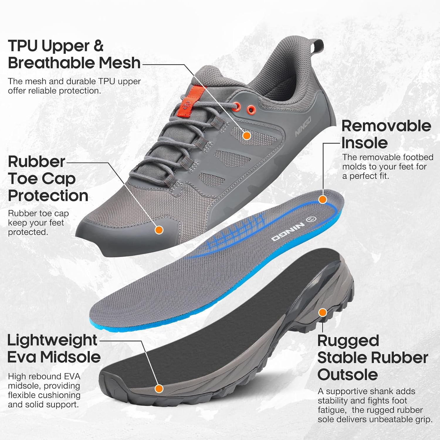 NINGO Mens Waterproof Hiking Shoes, Low Top Non Slip Trekking Hiking Sneakers, Lightweight Breathable Outdoor Trails Shoes for Camping, Backpacking, Mountaineering, Running, Walking - Image 4