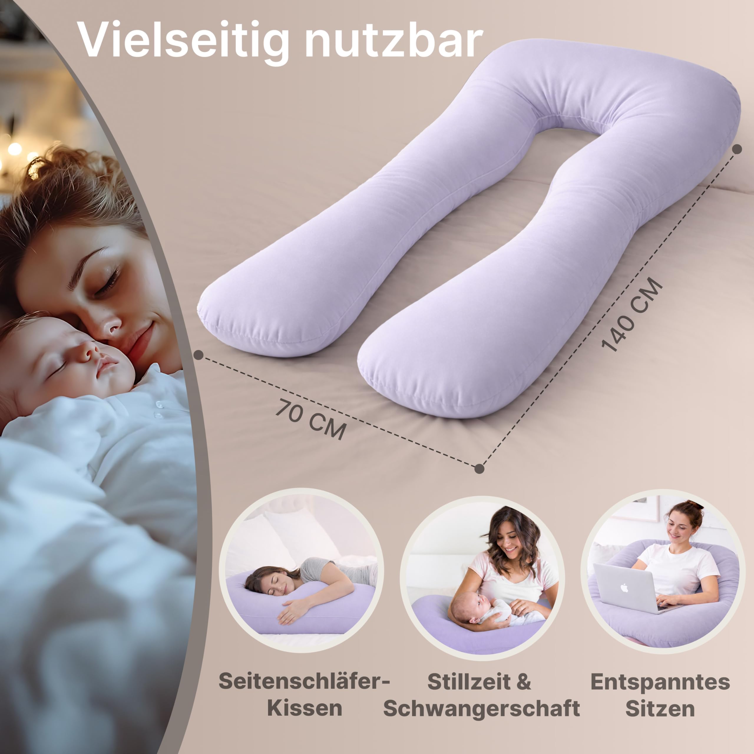 ELONEO NEU Seitenschläferkissen mit Bezug | Stillkissen | Schwangerschaftskissen XXL | Pregnancy Pillow | Komfortkissen für die Schwangerschaft | Lesekissen waschbar, lila