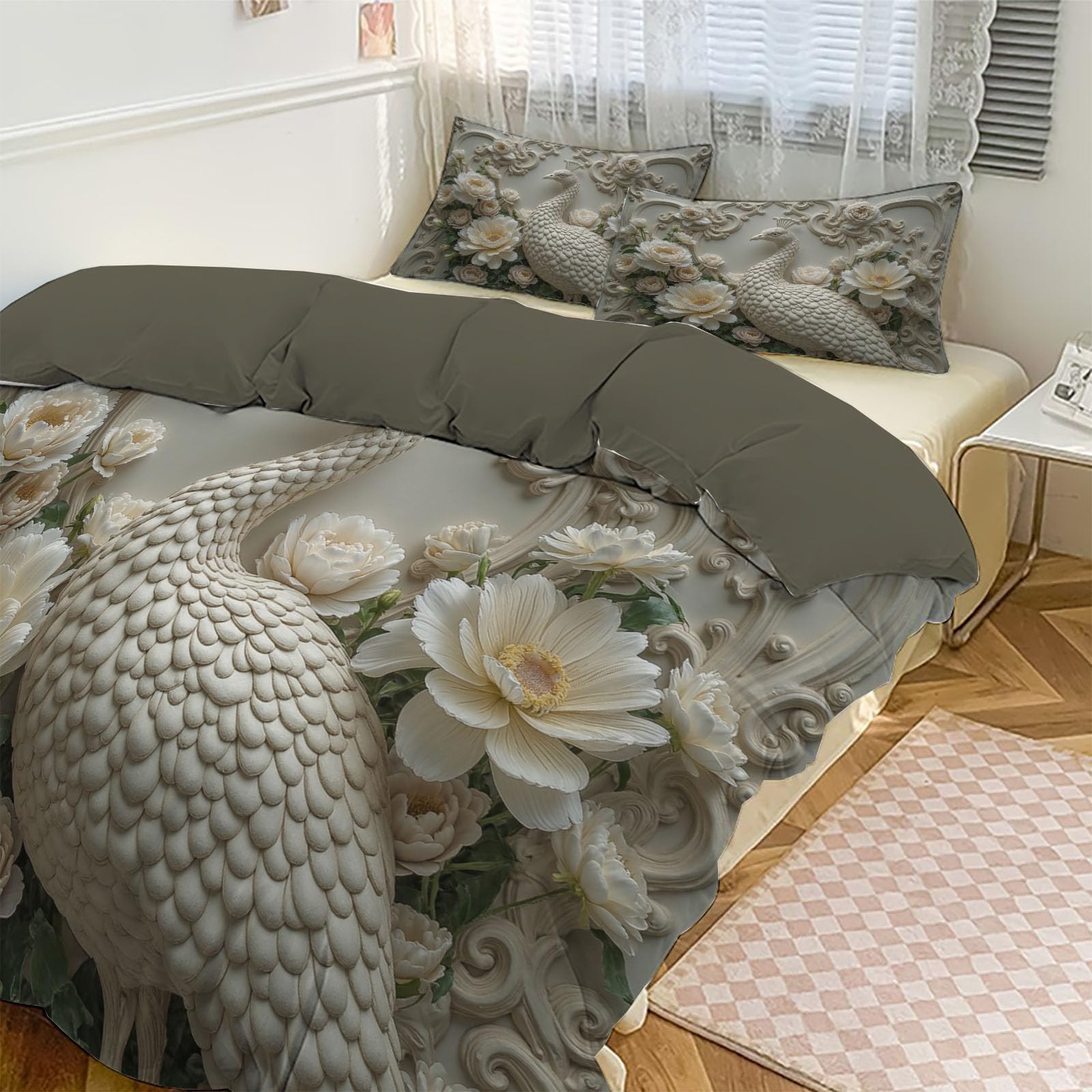 Copripiumino Matrimoniale Pavone Elegante Fiori, Set di Biancheria da Letto Effetto Rilievo Visivo Barocco Rilievo, Copri Piumino 220x240cm con 2 Federe 50x75 cm, Microfibra Morbida Lavabile, Bianco