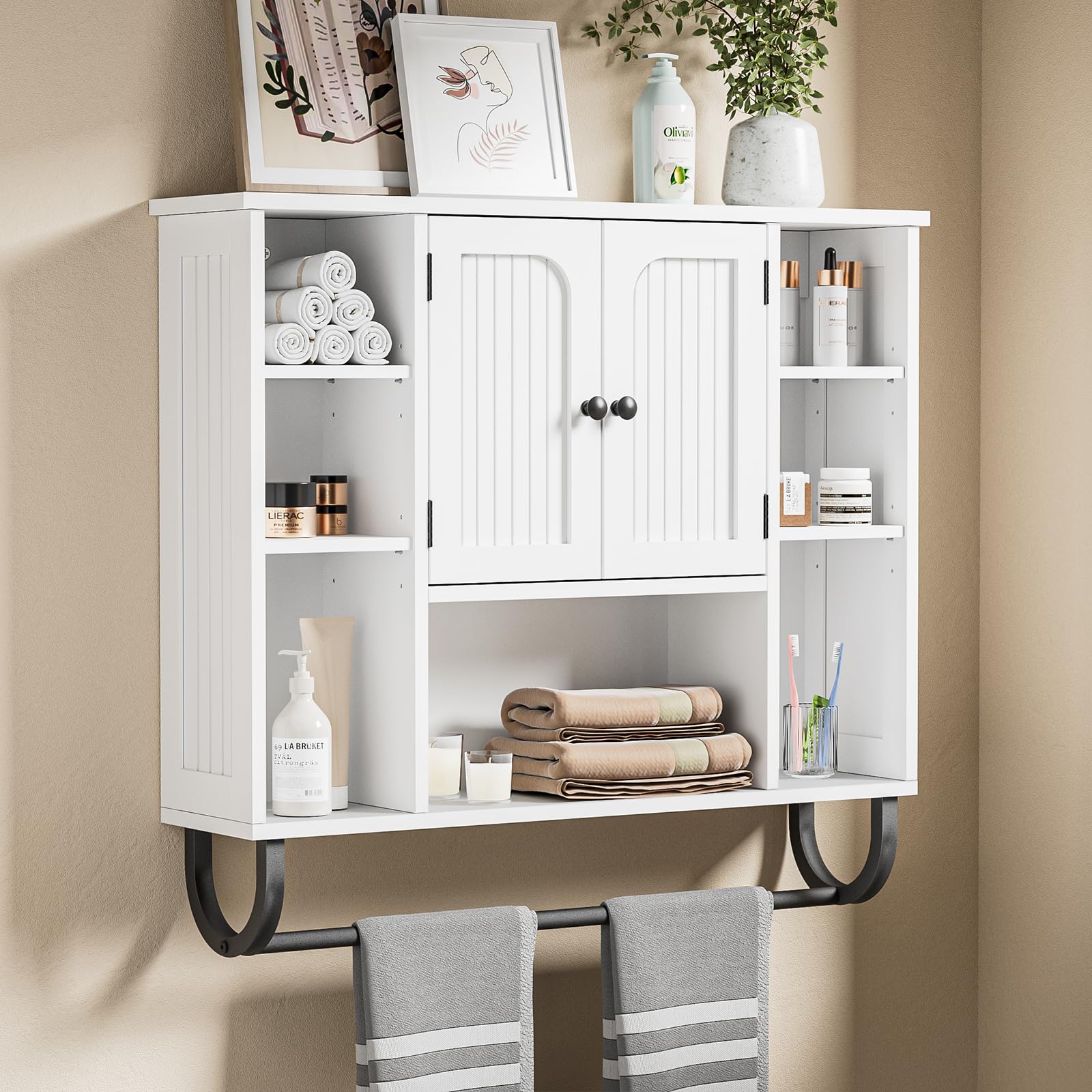Badezimmerschrank hängend, Weißer Medizinschrank mit 2 Türen, Offener Raum und Verstellbare Regale, platzsparender Hängeschrank für Badezimmer, Küche und Wohnzimmer, 19D x 80W x 72H cm