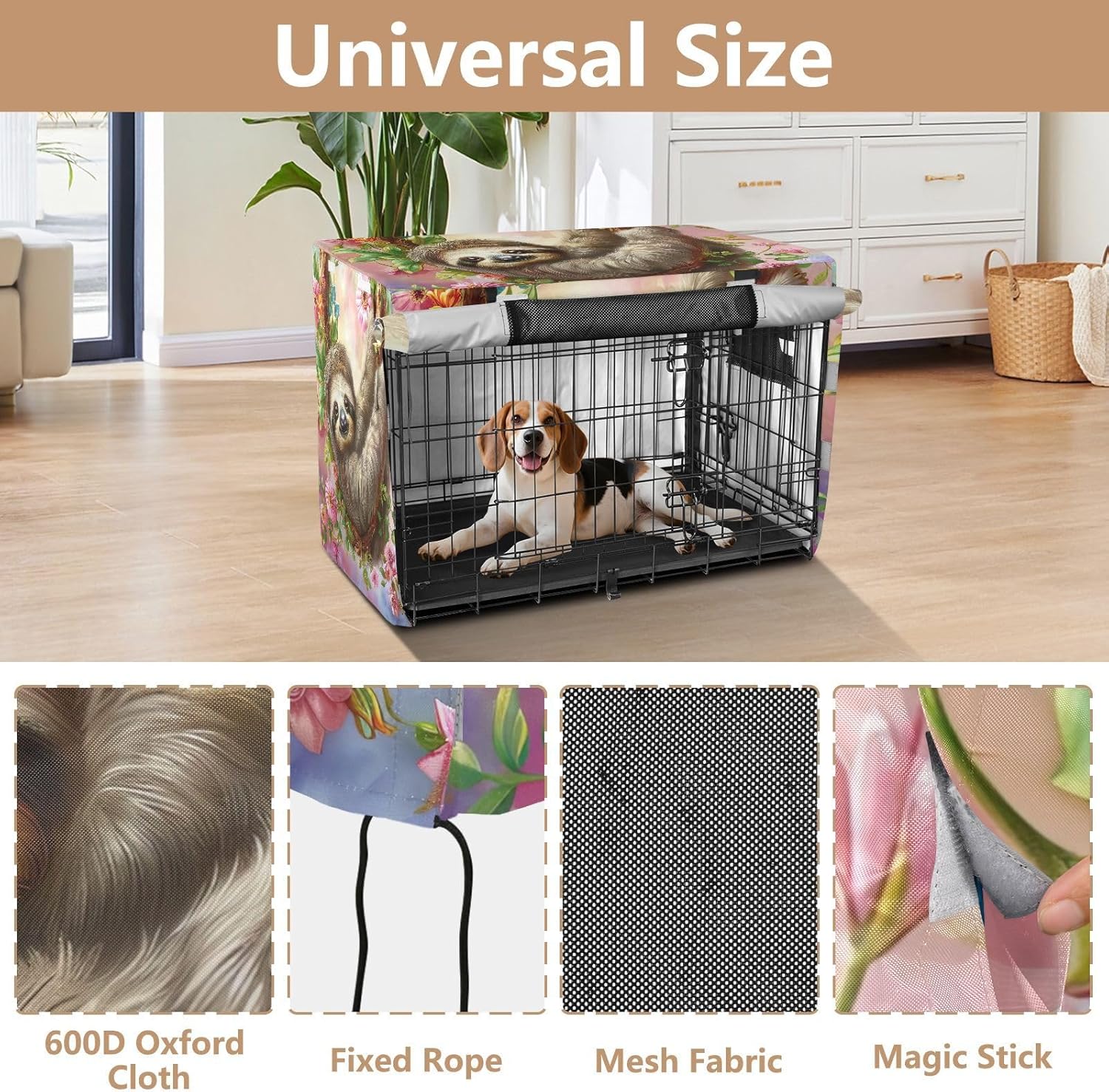 Cute Sloth Spring Floral Dog Crate Covers Roll-up Sides, Cage Cover for Indoor Pets, X-Large