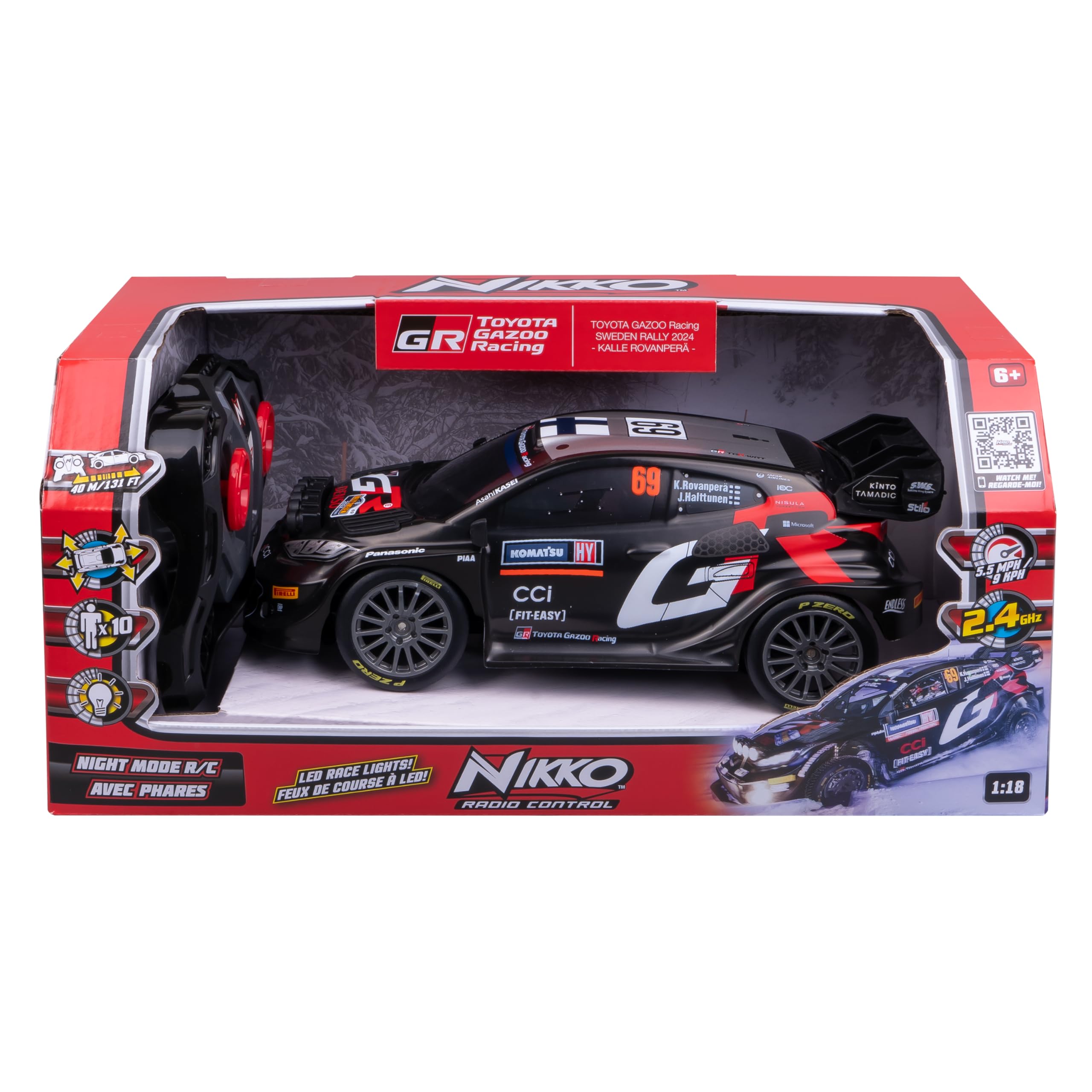 Nikko RC Night Mode RC Toyota GAZOO Racing Sweden Rally 2024 Kalle ROVANPERA LED Race Lights Remote Control Car, 25cm, 2.4GHz Remote Control, 40m Range, 6 Years, Black, 10652, Batteries Not Included