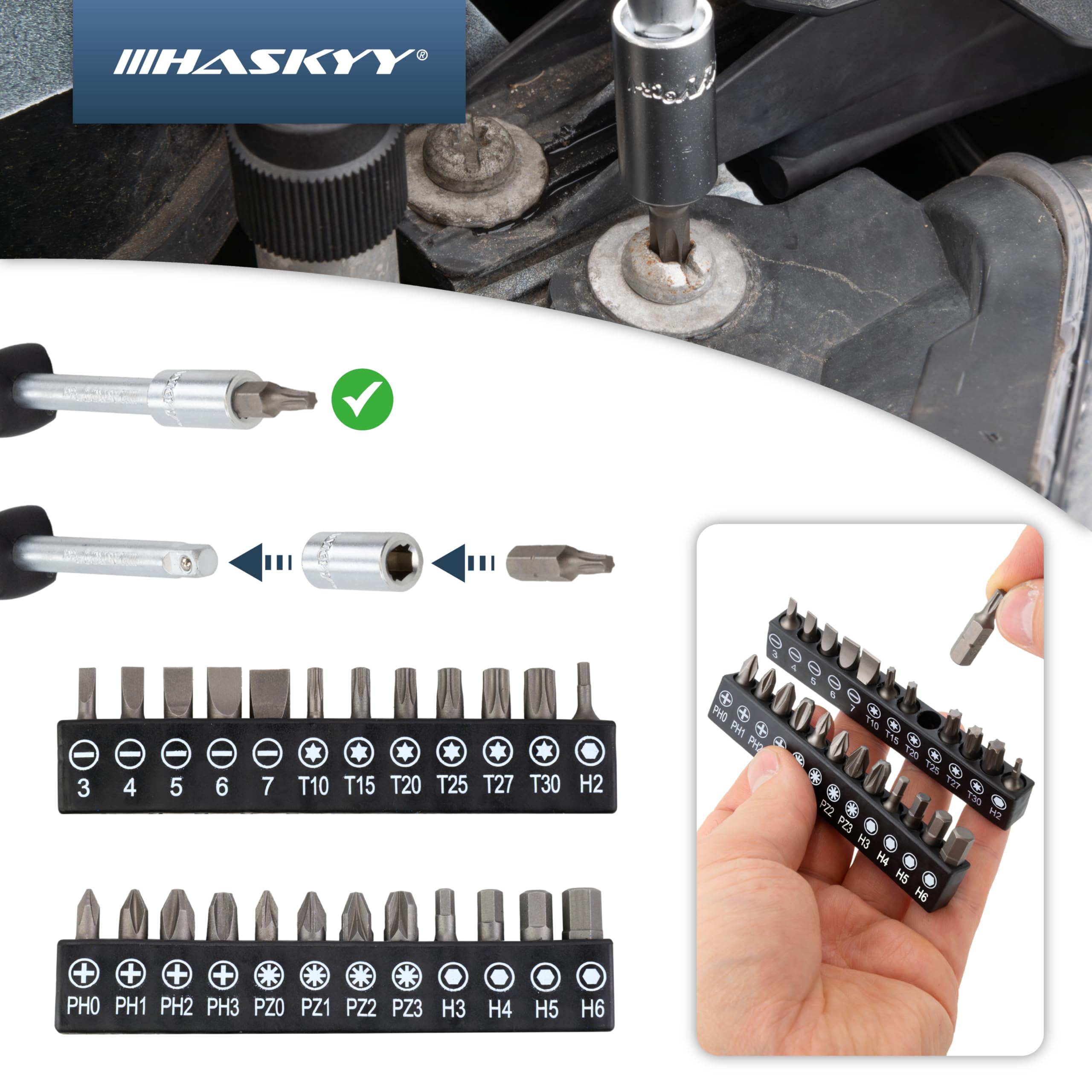 HASKYY Juego de 52 piezas de llaves de vaso Gear Lock TORX, con perfil XZN, perfil E, de diversas pulgadas, para tornillos de 6 y 12 caras, en tamaños métricos