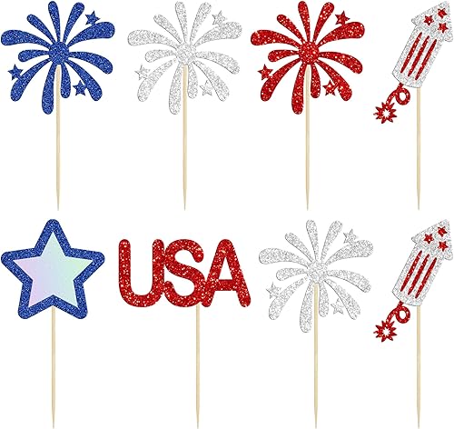 Miniatura 3 de 24 piezas de decoración patriótica para cupcakes del Día de la Independencia con fuegos artificiales, estrella de fuegos artificiales, decoración de