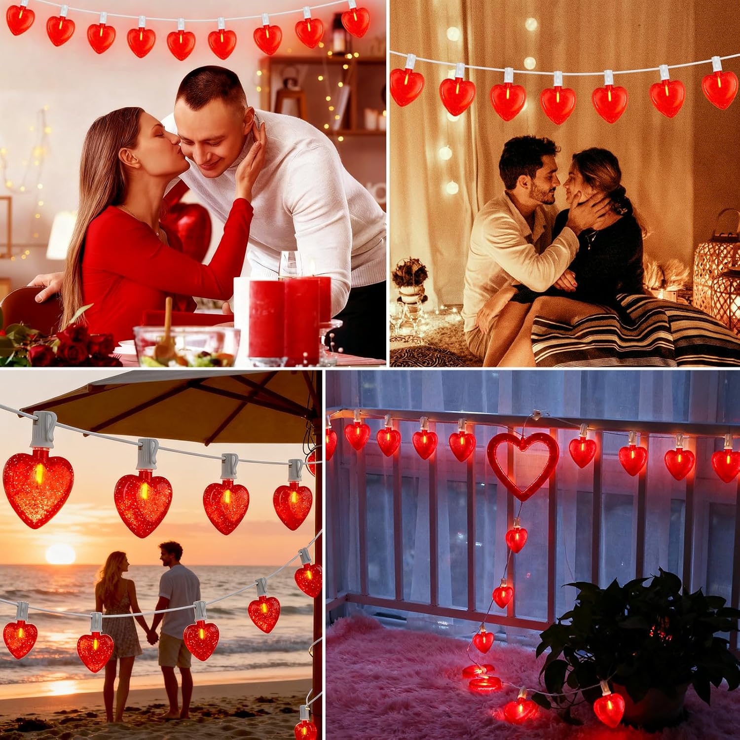 20Ft Valentine's Day String Lights Outdoor with Glitter 3D Red Heart Shaped Lights, 22 Dimmable LED Bulbs(2 Spare) Waterproof for Indoor Outdoor Wedding Anniversary Party Valentine's Day Decorations