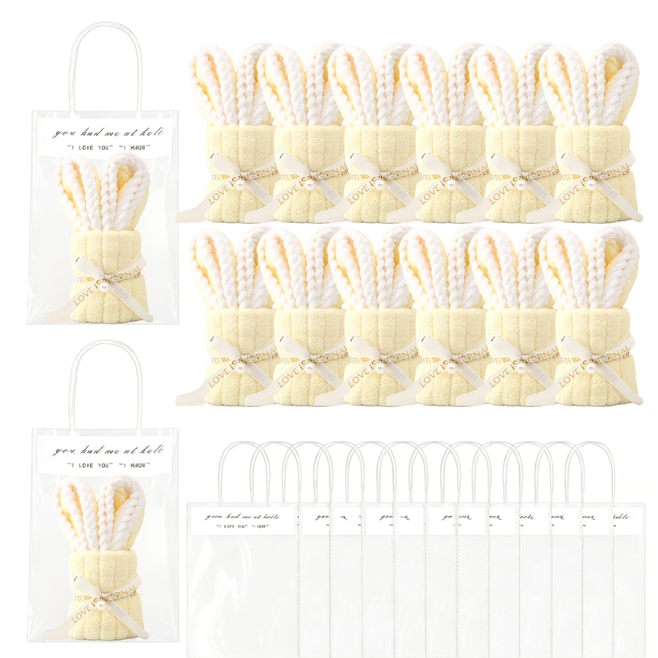 Pineeseatile 12 Set Bunny Baby Shower Favors Coral Fleece Bunny Towels with Present Bag for Guests, 10x20 Inch, Yellow, Baby Shower Favors For Guests