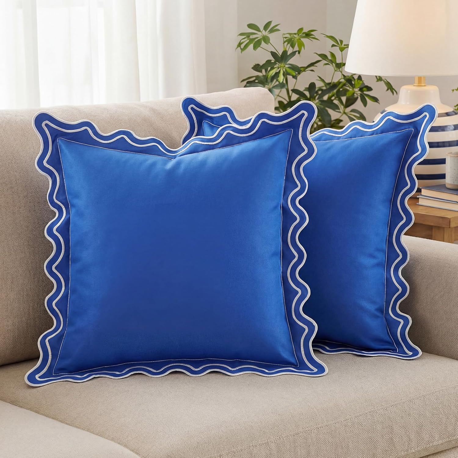 Novabright 4 Pack Outdoor Waterproof Pillow Covers 18 x 18 Inch Decorative Farmhouse Garden Pillowcase Scalloped Throw Cushion Cases for Patio Porch Tent Bed Sofa Living Room Decor (Blue)