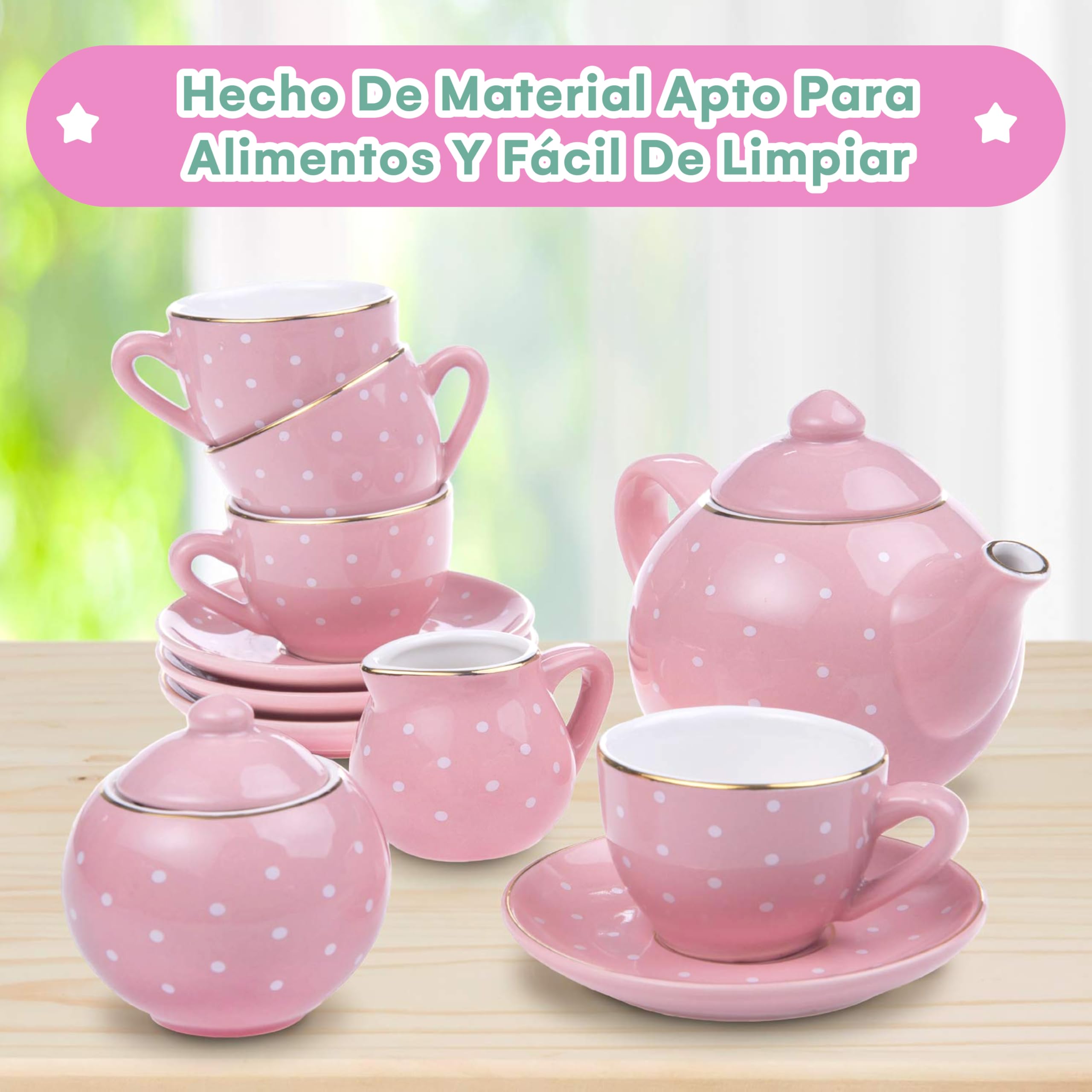 Jewelkeeper - Juego de té para niñas, Servicio de té Juguete de Porcelana, vajilla Infantil de 13 Piezas - Diseño de Lunares Rosas