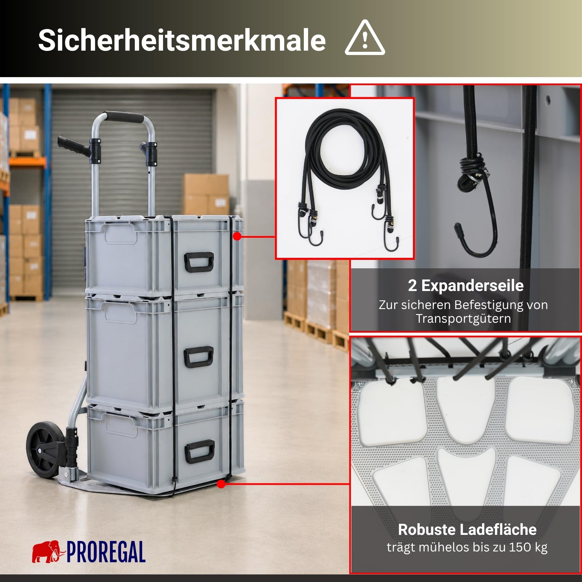 PROREGAL klappbare Aluminium Profi-Sackkarre Elephant | Traglast 150 kg | 6 kg leicht, ergonomische Griffe, Leichtlauf-Vollgummiräder, große Schaufel | Silber | Transportkarre