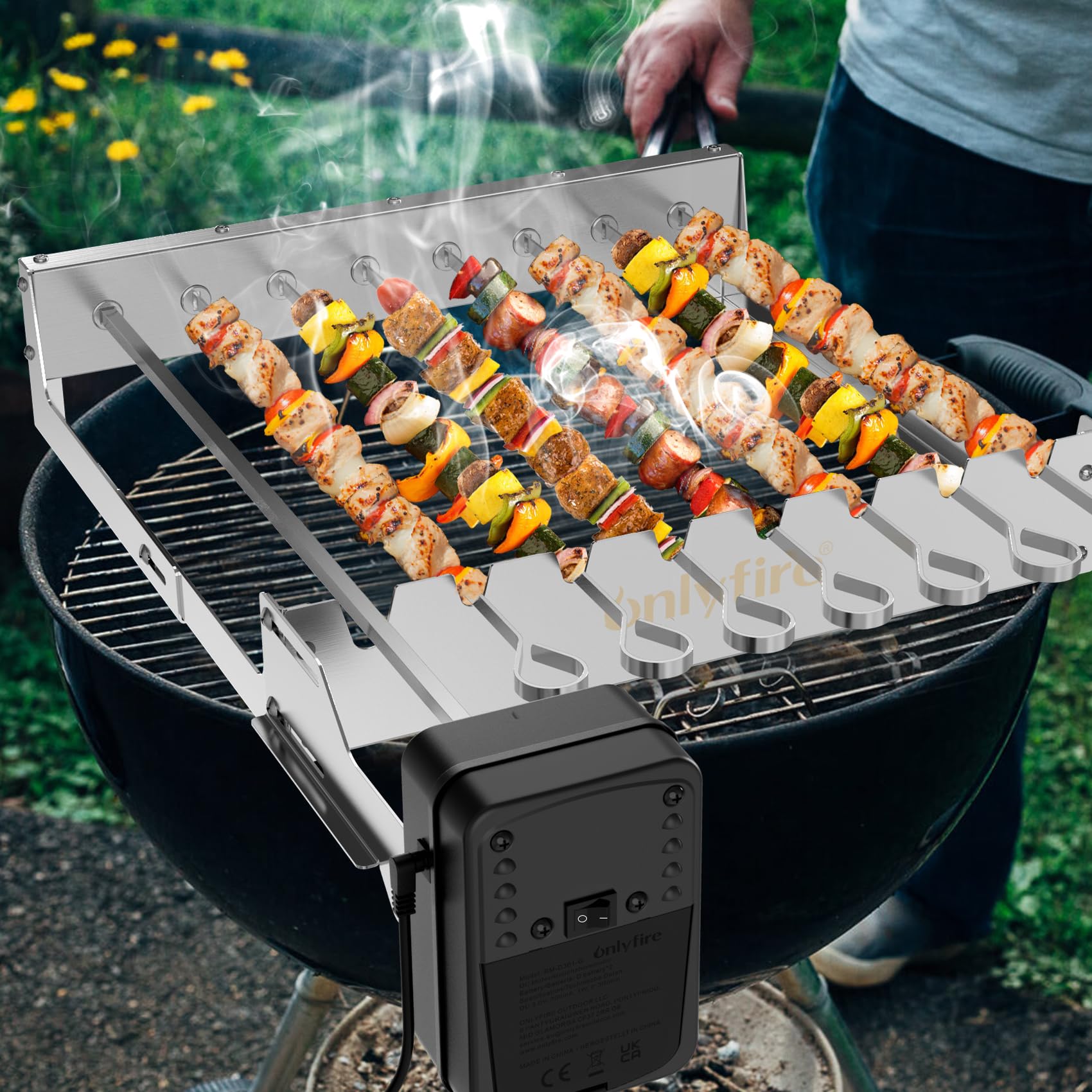 Onlyfire Elektrischer Spiessdreher, Edelstahl Drehspieß Aufsatz mit 7 Spießen und Motor, Größenverstellbar 43,3 x 40,3-46,3 cm, mit Netzstecker, Drehspieß Rotisserie, Silber