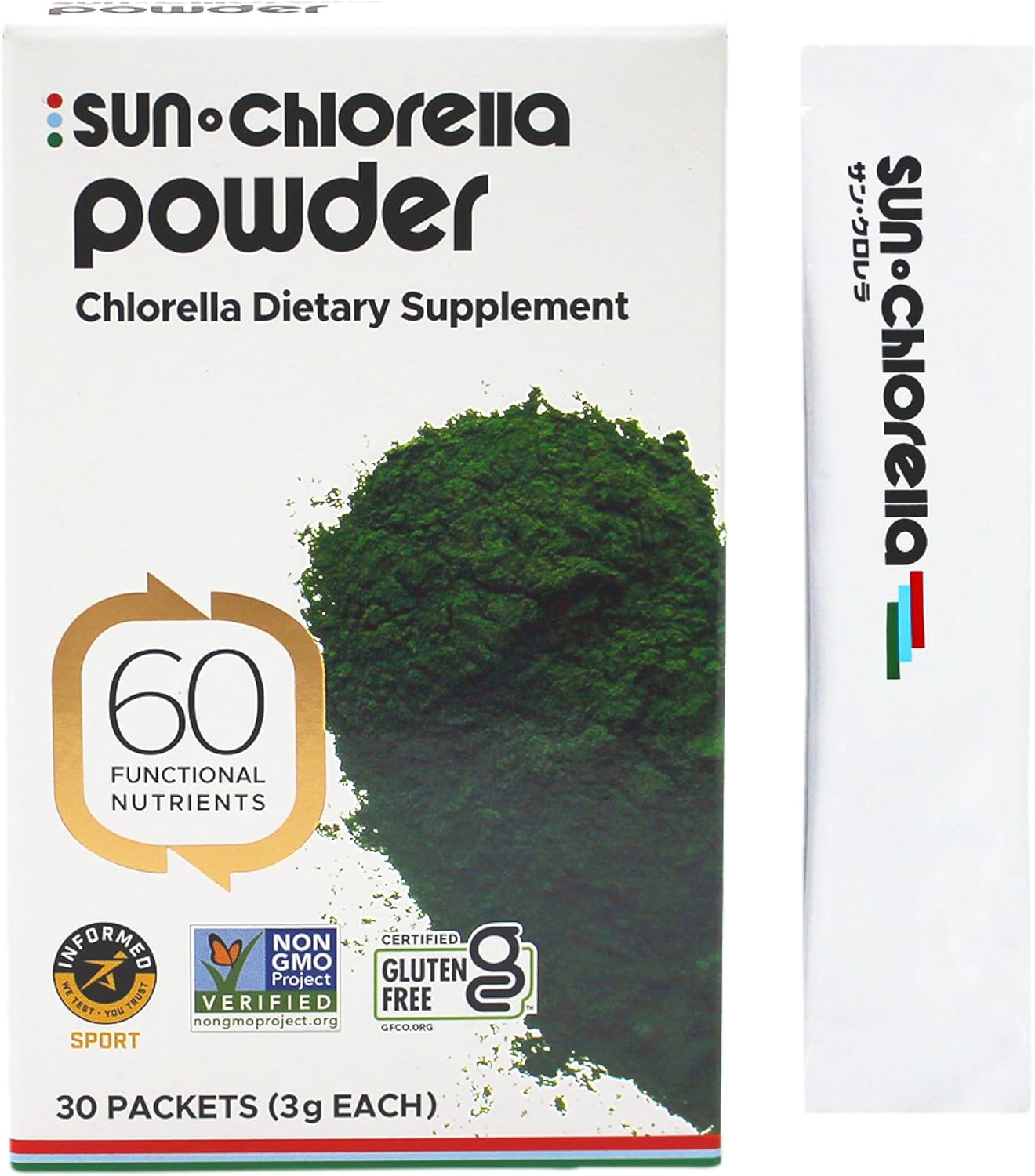 Sun Chlorella Powder Green Superfood Algae - Chlorophyll, Chlorella Growth Factor, Active B12 & Iron Supplement Drink Mix - Pulverized Cell Wall - Non-GMO, Vegan & Gluten-Free - 30 Packets (3g ea) 90g