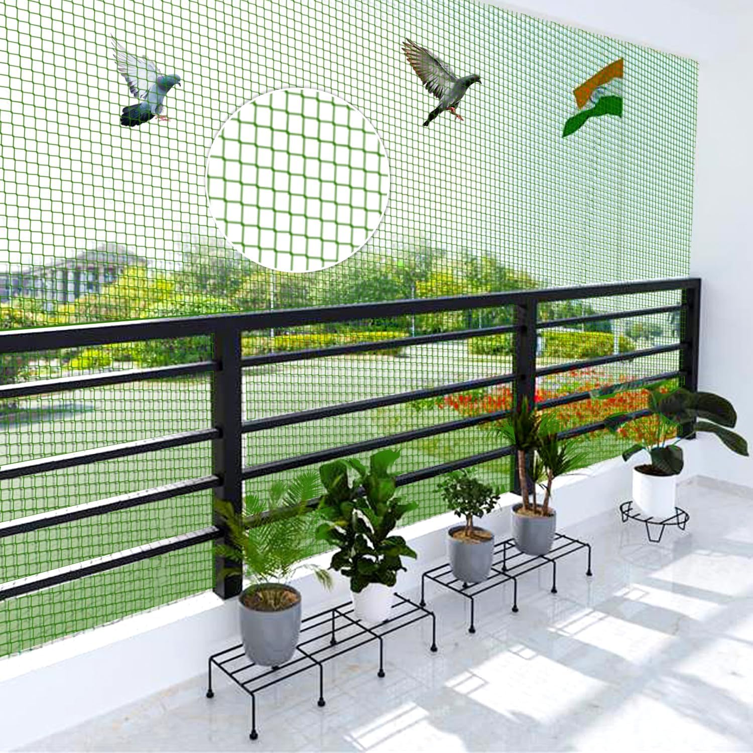 Param Enterprises Green Pigeon Net for Balconies, Bird Control, Anti Bird and Monkey Heavy Duty HDPE Mesh Net for Balconies (10x12ft), Installation Kit Included-image-8