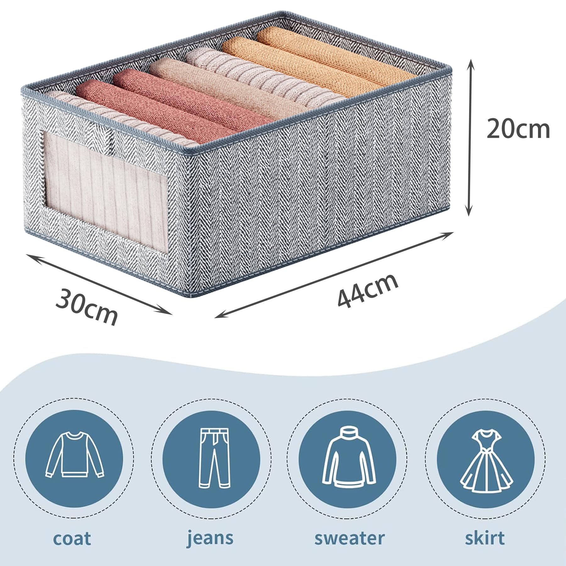 Set di 5 scatole portaoggetti in tessuto, organizer per vestiti, con finestra trasparente, per jeans, pantaloni, camicie, leggings, maglioni, grandi