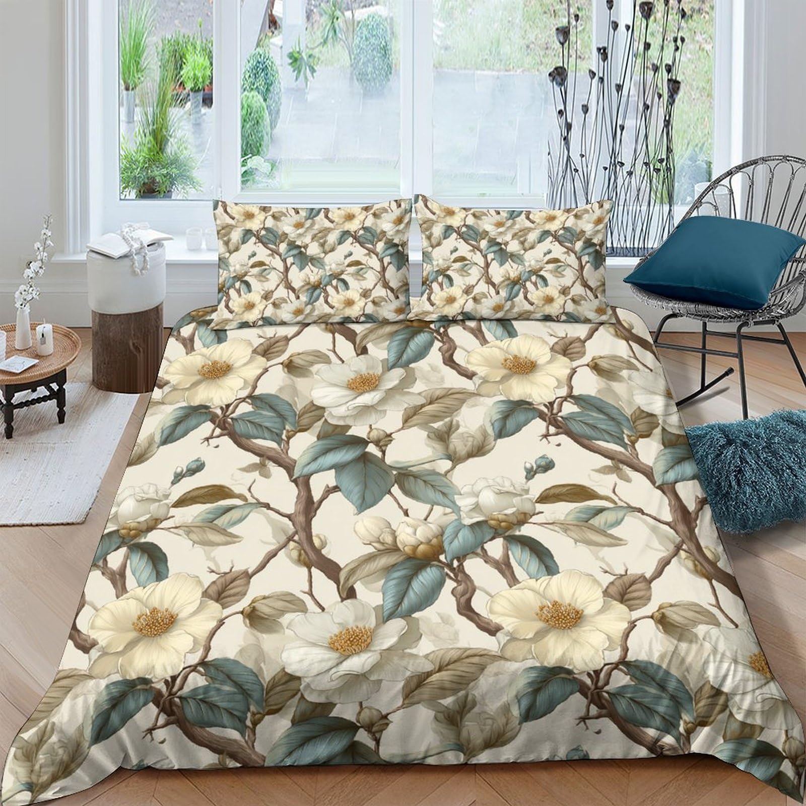 Ctjqhvkz Style-2 3D Printed Magnolia Floral Fitted Sheet Microfiber Soft Beige Green Leaf Mattress Cover For Bedroom Guest Room Decor Single（135X200cm）