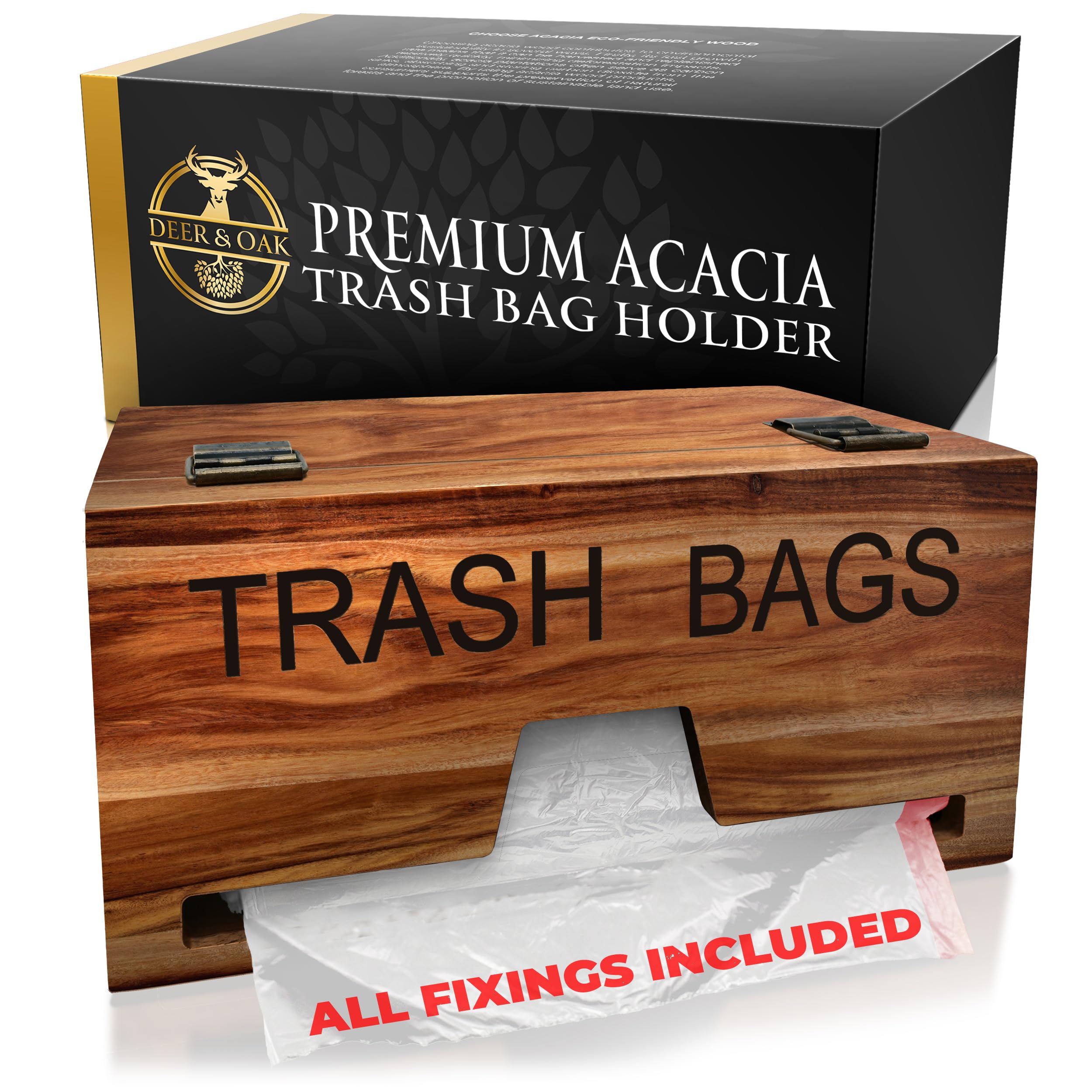 Acacia Wood Trash Bag Holder – Wall-Mounted Dispenser for 13,30,33 Gallon Rolls – Stylish Kitchen & Garage Bag Storage Organizer
